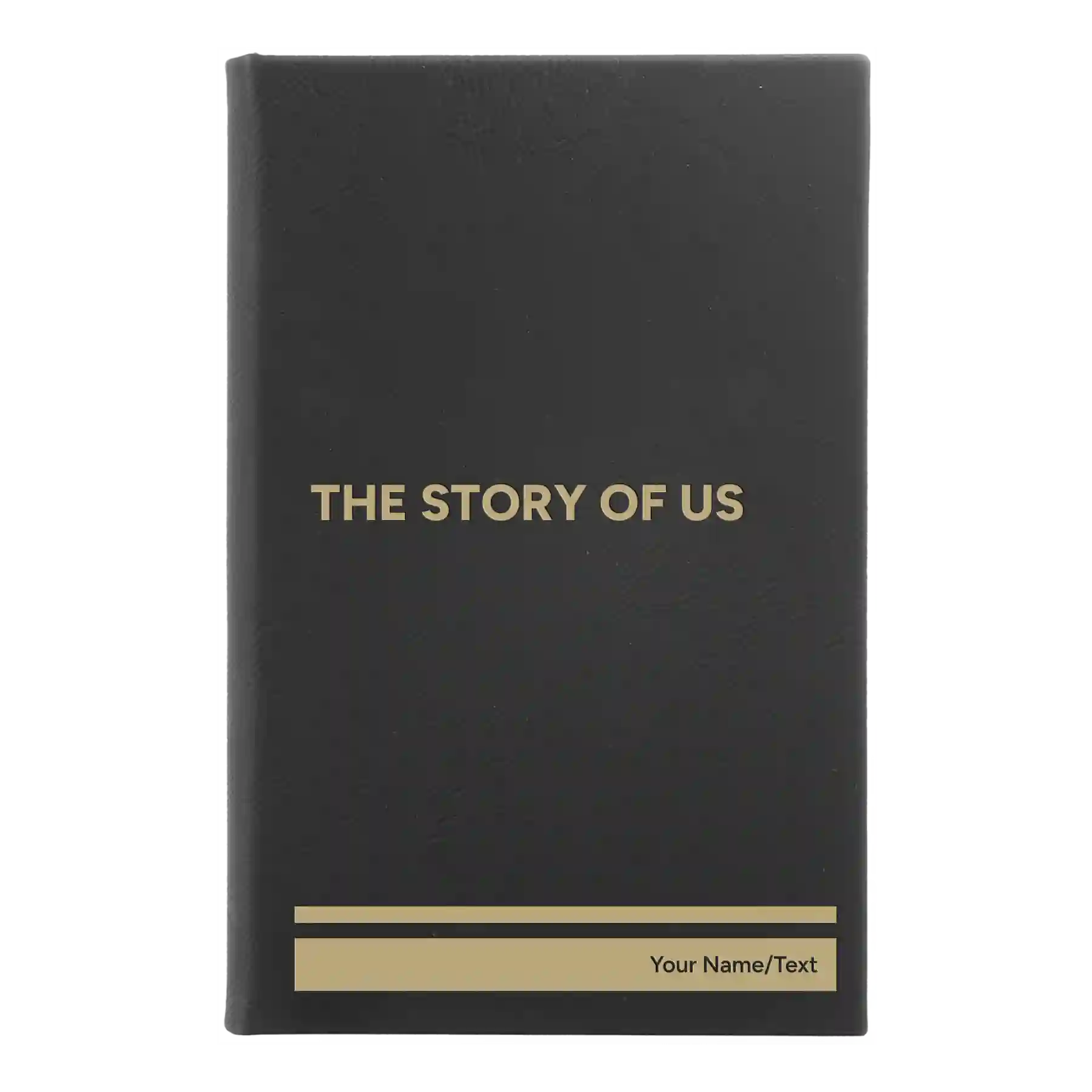 Small black/gold leatherette sketch book laser etched with 'The Story of Us' design