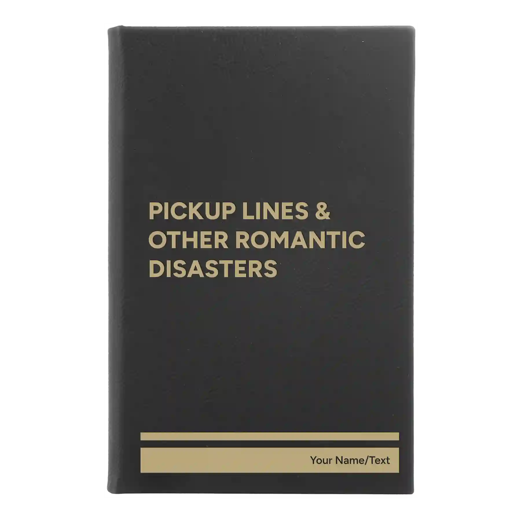 Small black/gold leatherette sketch book laser etched with 'Pickup Lines' design