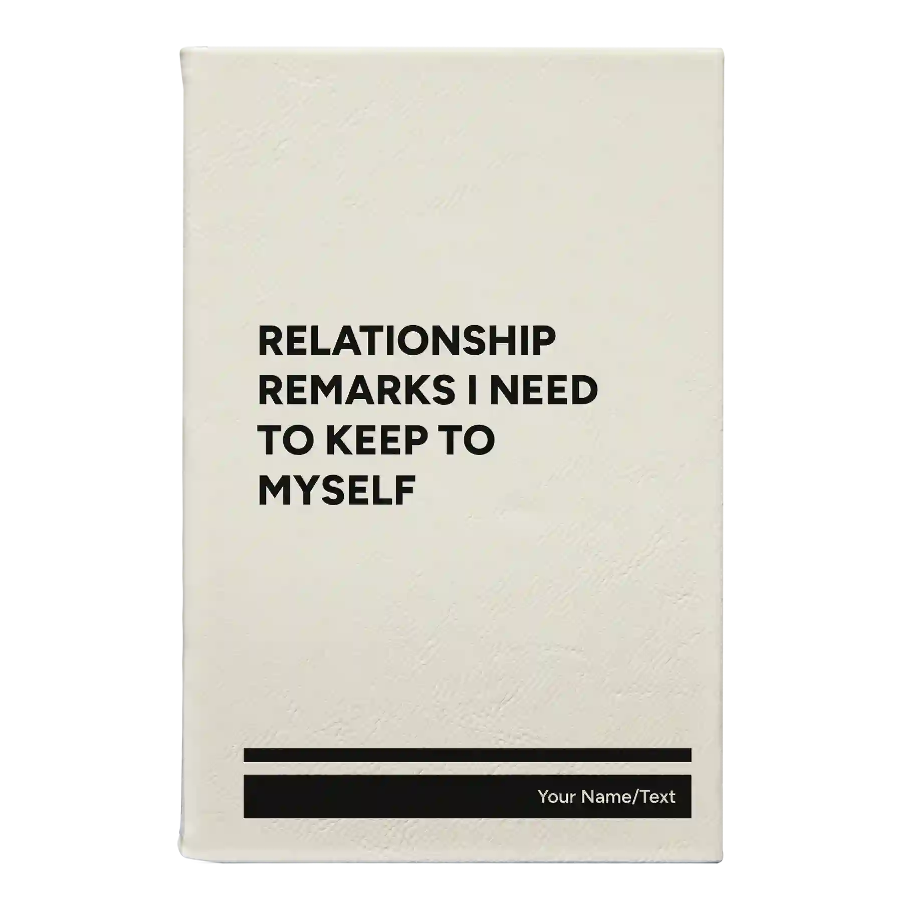 Small white leatherette sketch book laser etched with 'Relationship Remarks' design