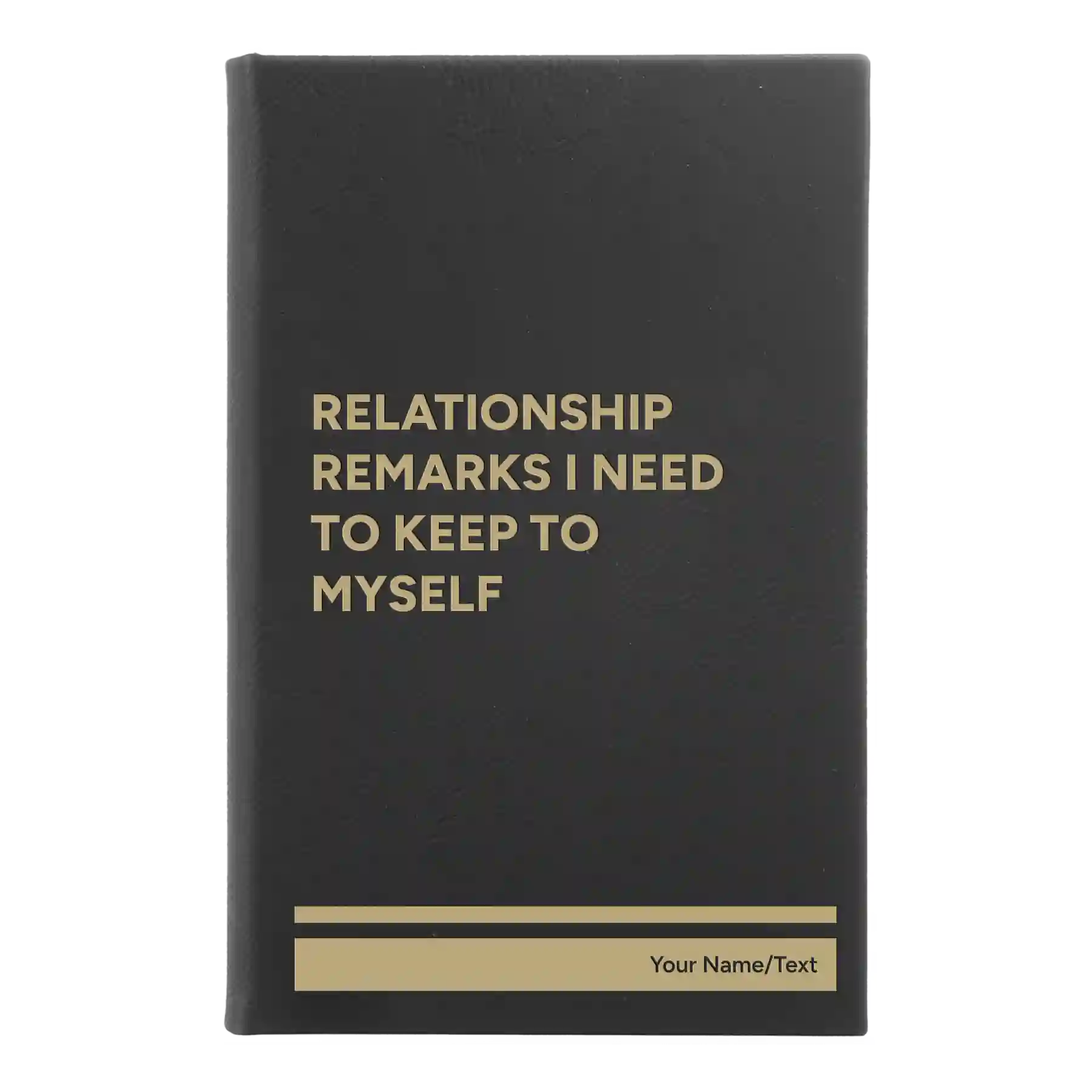 Small black/gold leatherette sketch book laser etched with 'Relationship Remarks' design