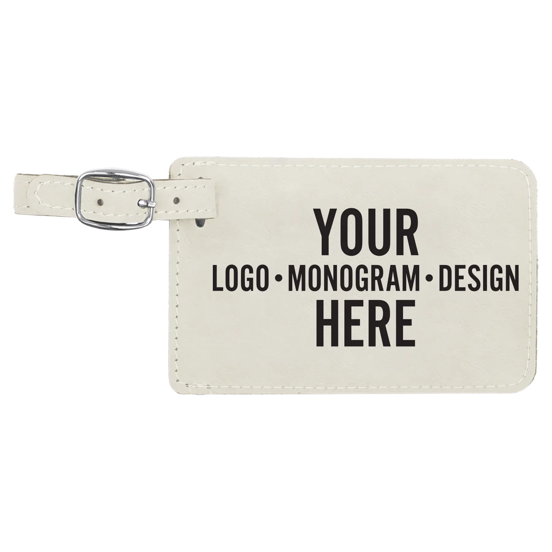 Personalized white leatherette luggage tag etched with with your logo, monogram, or design