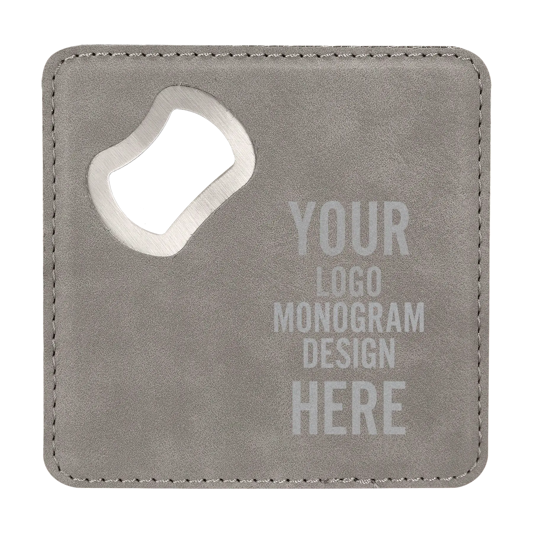 Customized bottle opener coaster in gray with etched logo, monogram, or design