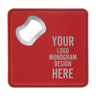 Customized bottle opener coaster in red with etched logo, monogram, or design
