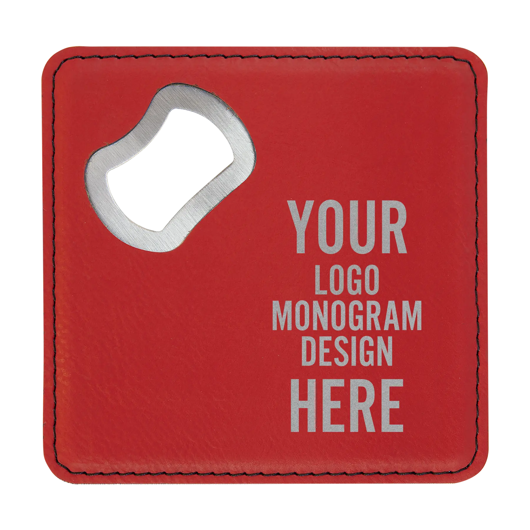 Customized bottle opener coaster in red with etched logo, monogram, or design