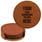 Customized rawhide round leatherette coaster set of 6 laser etched with your logo, monogram, or design