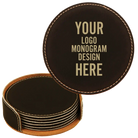 Customized black with gold round leatherette coaster set of 6 laser etched with your logo, monogram, or design