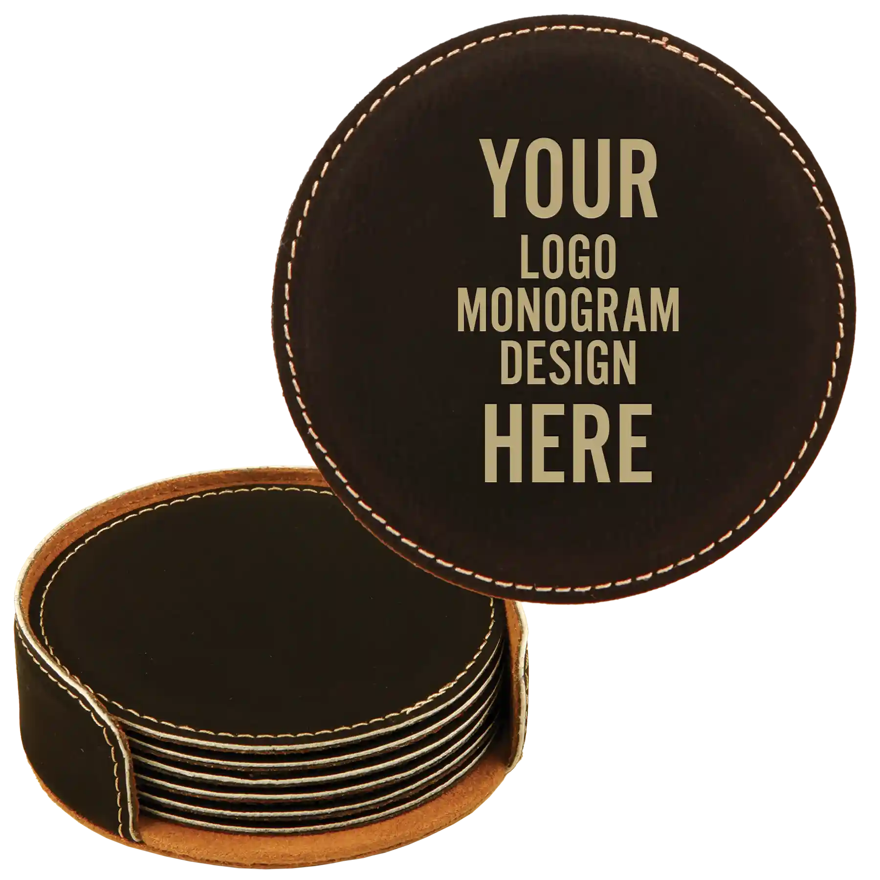 Customized black with gold round leatherette coaster set of 6 laser etched with your logo, monogram, or design