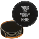 Customized black with silver round leatherette coaster set of 6 laser etched with your logo, monogram, or design