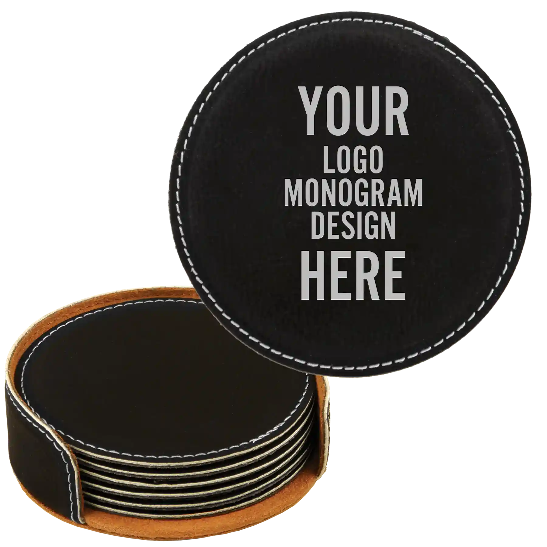 Customized black with silver round leatherette coaster set of 6 laser etched with your logo, monogram, or design