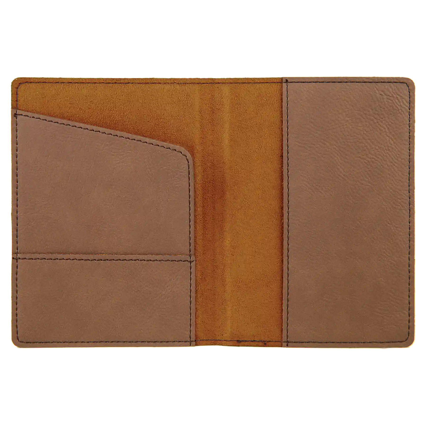 Inside of dark brown leatherette travel passport holder