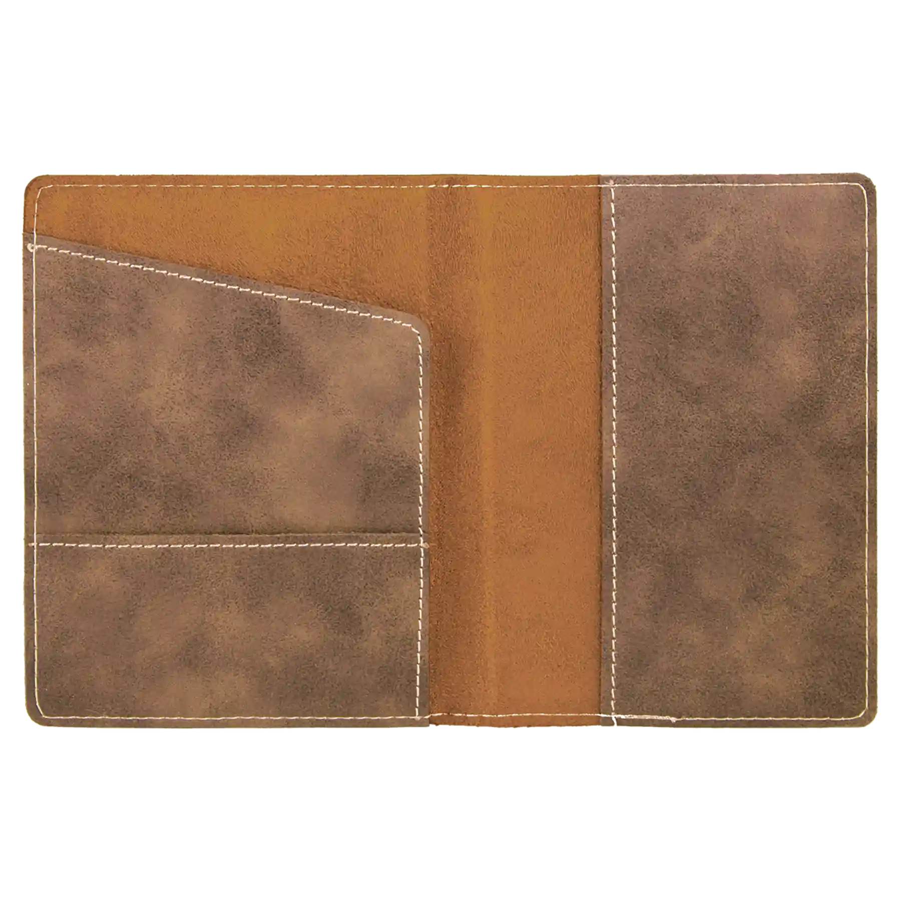 Inside of rustic leatherette travel passport holder