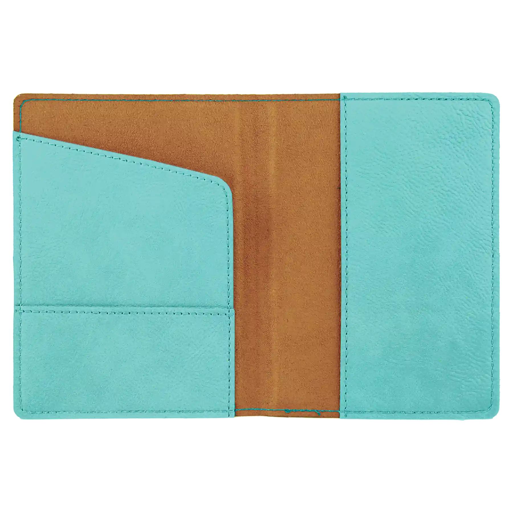 Inside of teal leatherette travel passport holder