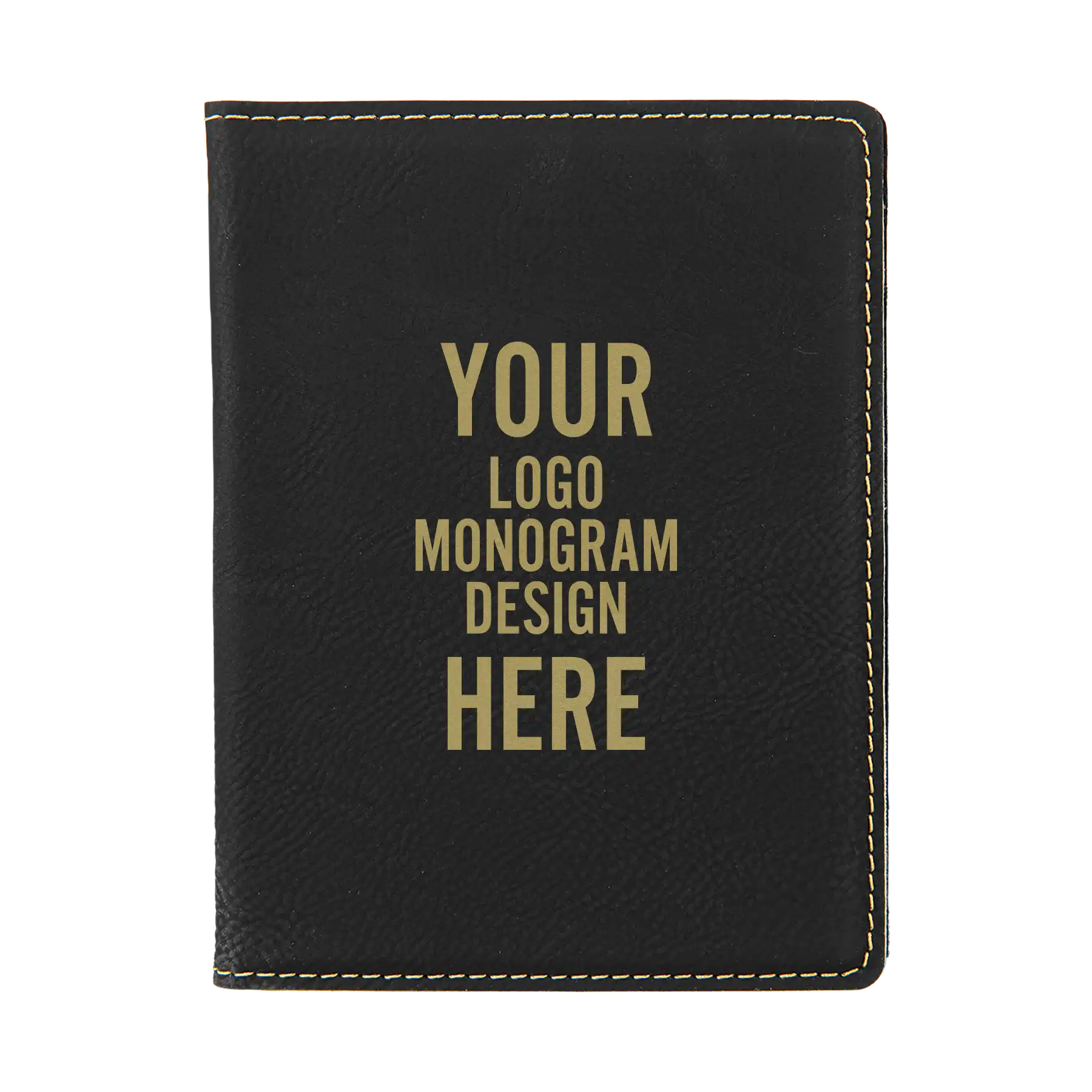 Personalized black/gold leatherette travel passport holder etched with your logo, monogram, or design