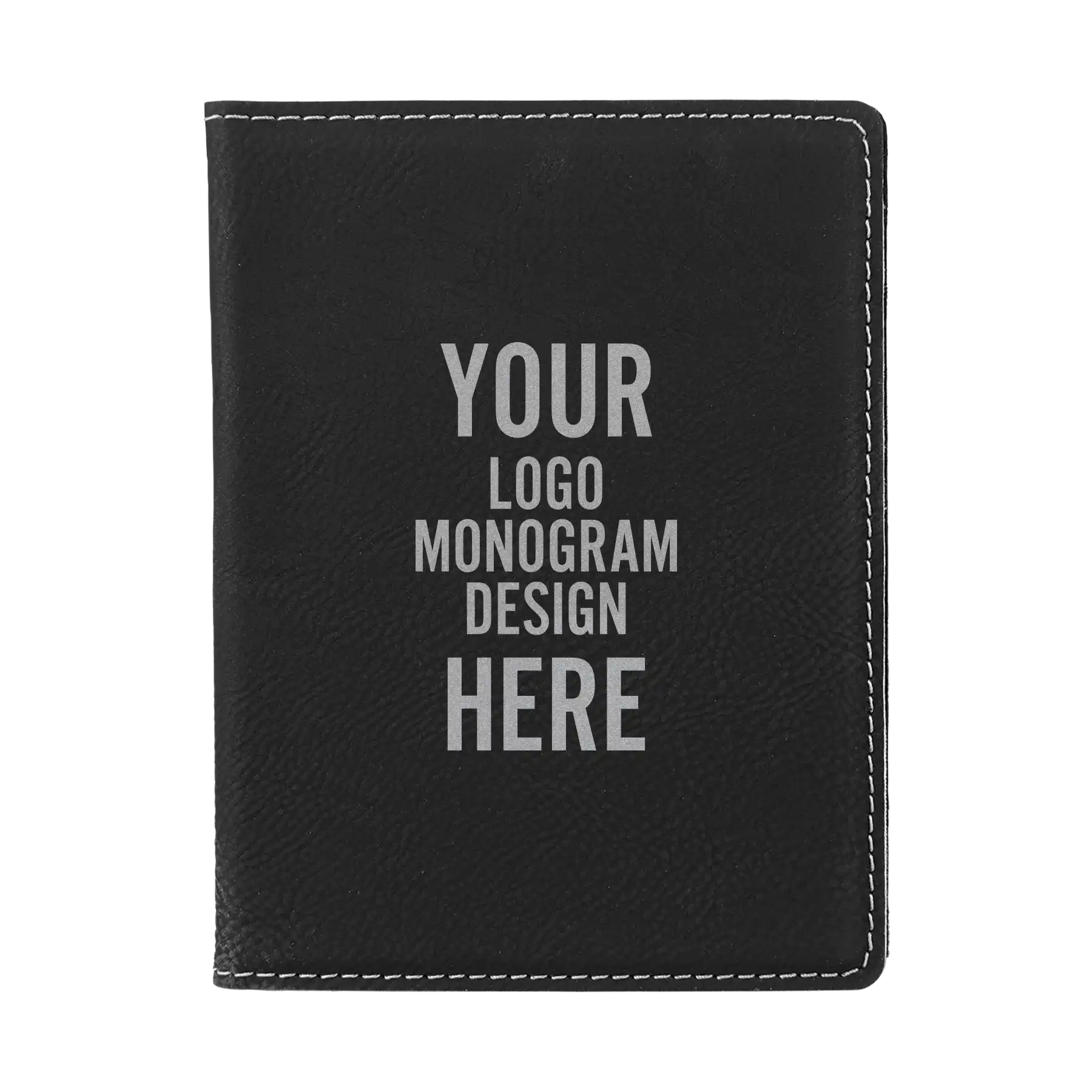 Personalized black/silver leatherette travel passport holder etched with your logo, monogram, or design