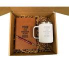 Custom appreciation gift box with laser etched Polar Camel 15 oz mug, leatherette journal, and pen