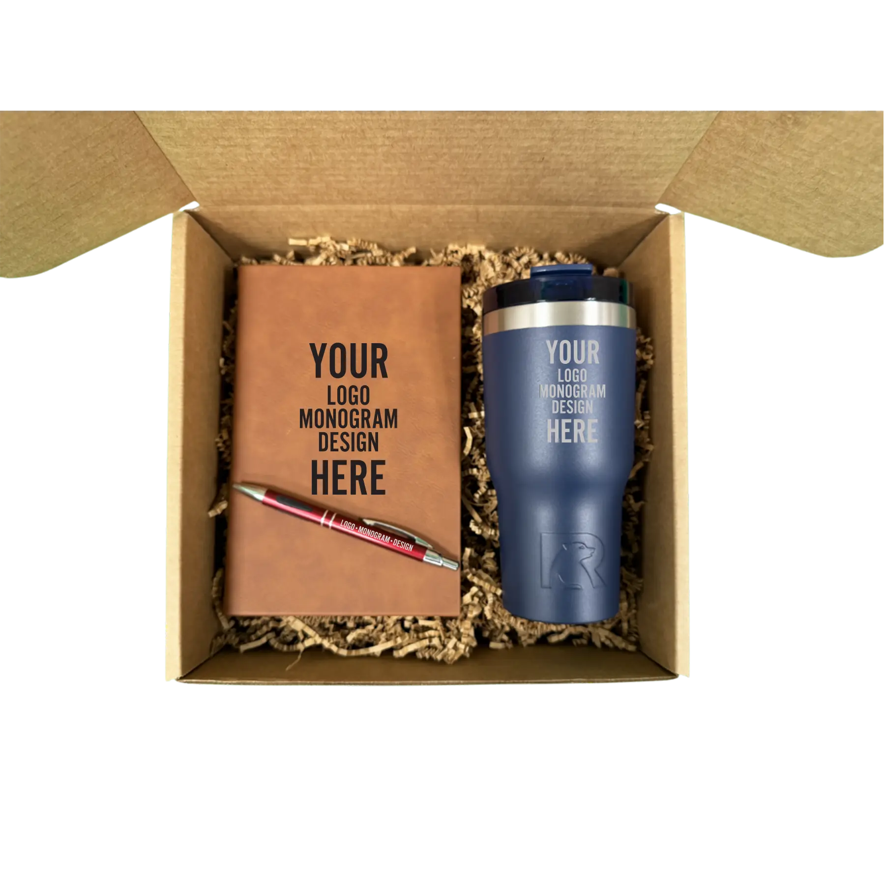 Custom appreciation gift box with laser etched RTIC 20 oz tumbler, leatherette journal, and pen