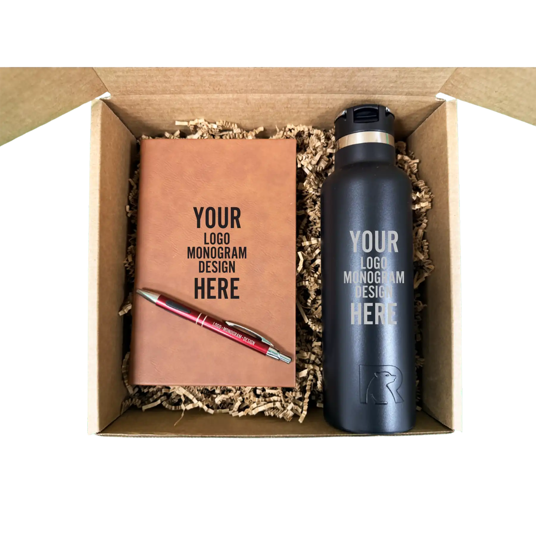Custom appreciation gift box with laser etched RTIC 20 oz water bottle, leatherette journal, and pen