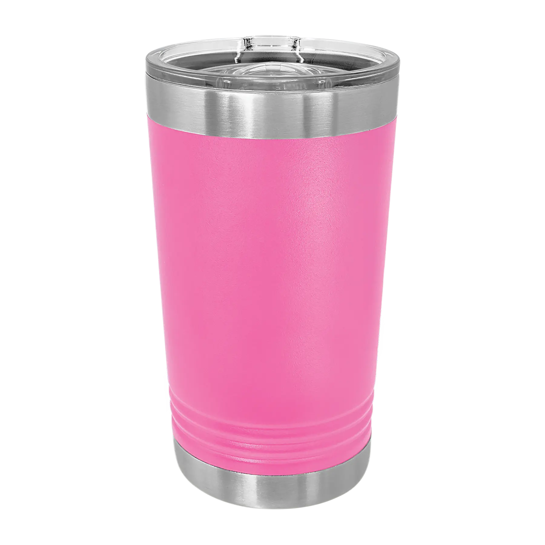 Back of pink Polar Camel 16 oz insulated pint tumbler