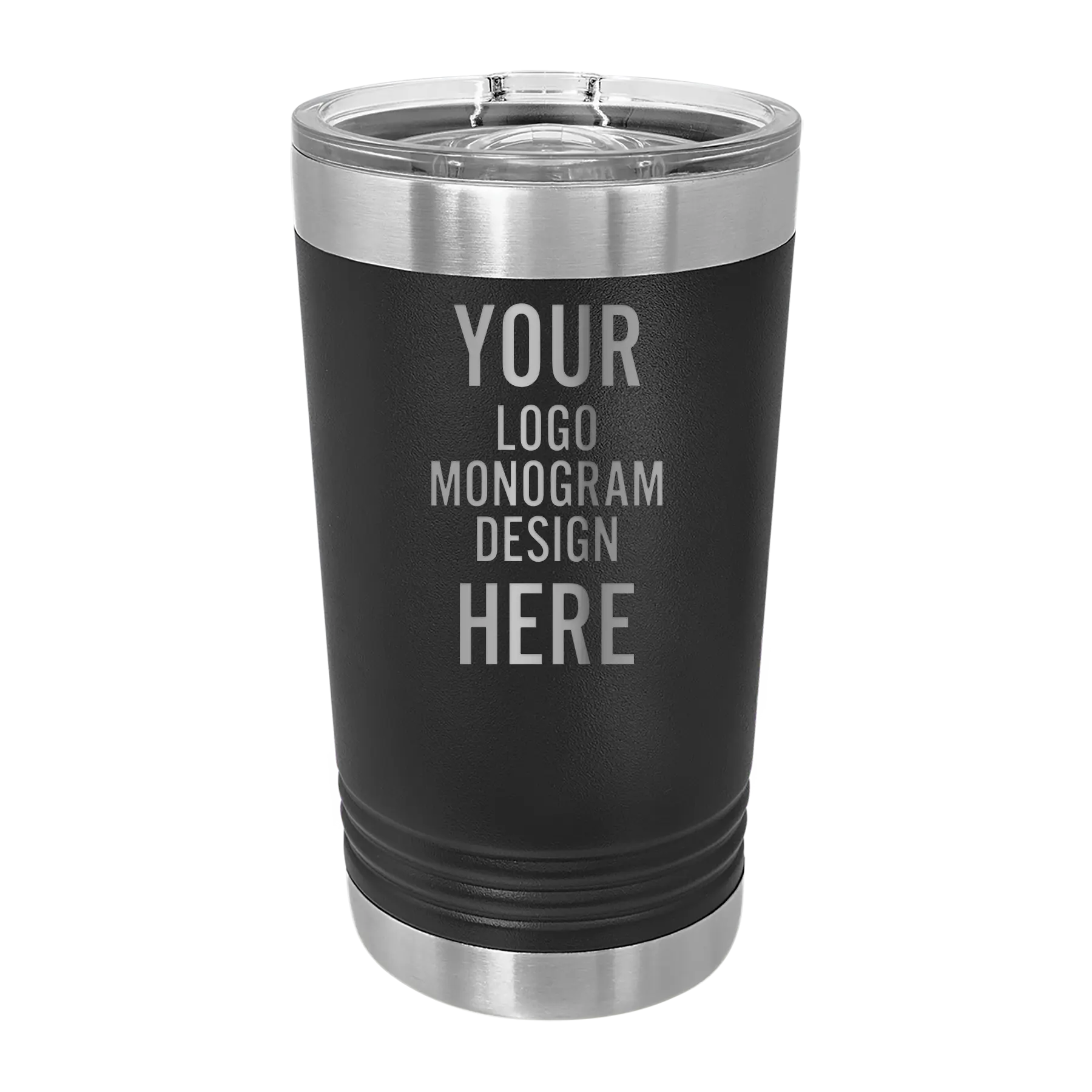 Personalized black Polar Camel 16 oz insulated pint tumbler with laser etched brand logo, monogram, or design
