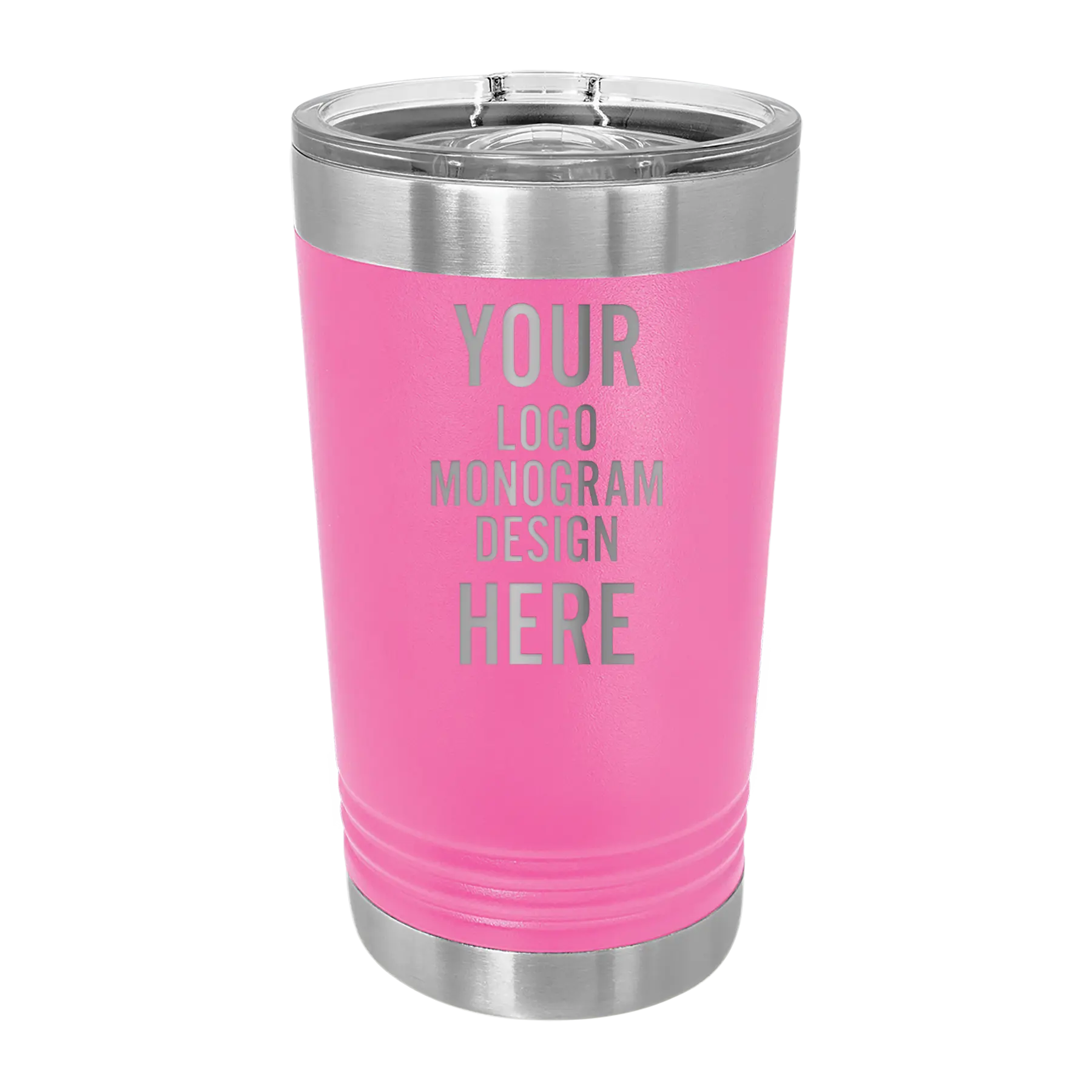 Personalized pink Polar Camel 16 oz insulated pint tumbler with laser etched brand logo, monogram, or design