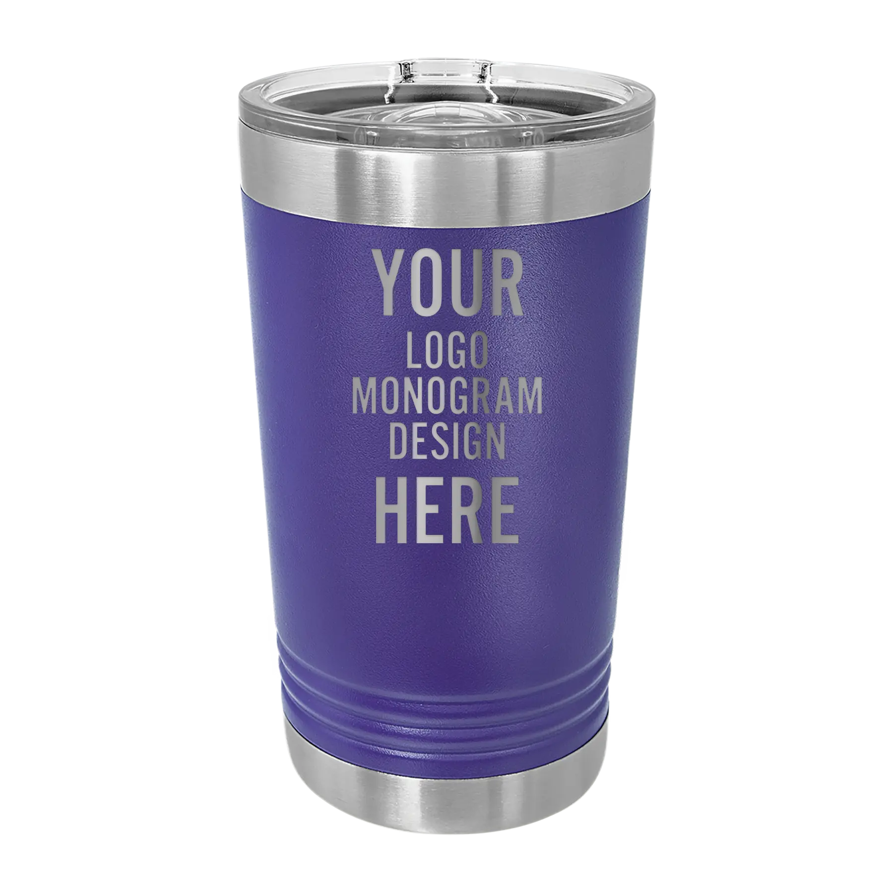 Personalized purple Polar Camel 16 oz insulated pint tumbler with laser etched brand logo, monogram, or design