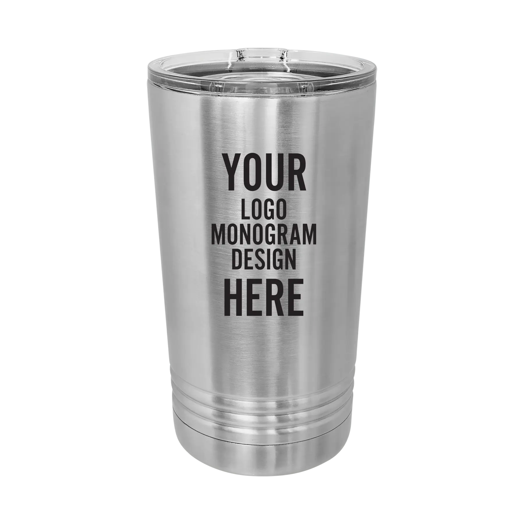 Personalized stainless Polar Camel 16 oz insulated pint tumbler with black laser etched brand logo, monogram, or design