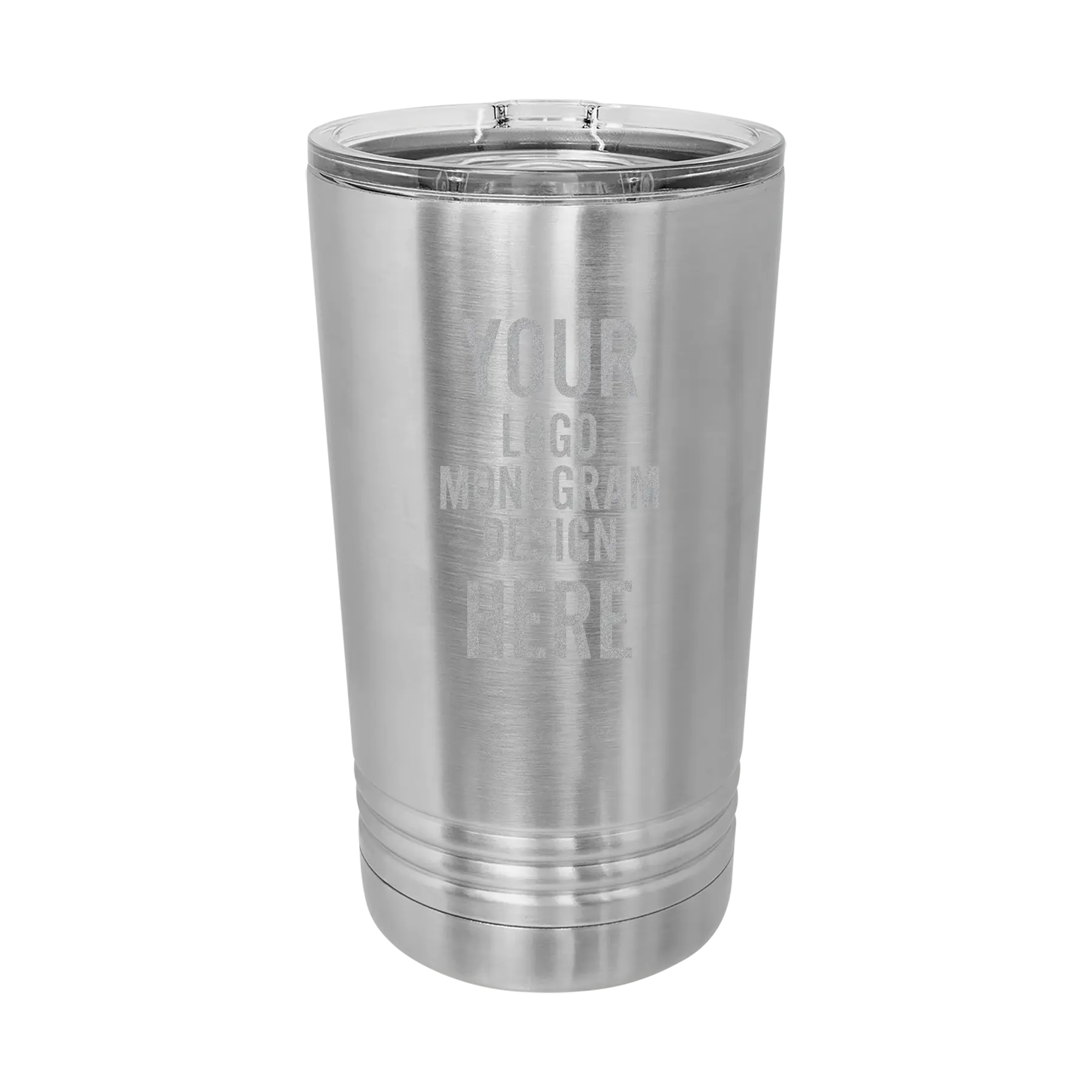 Personalized stainless Polar Camel 16 oz insulated pint tumbler with silver laser etched brand logo, monogram, or design