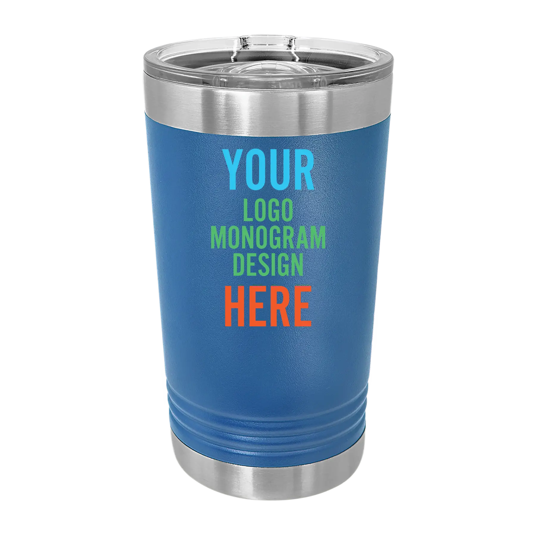 Personalized royal blue Polar Camel 16 oz insulated pint tumbler branded with UV full color logo or design