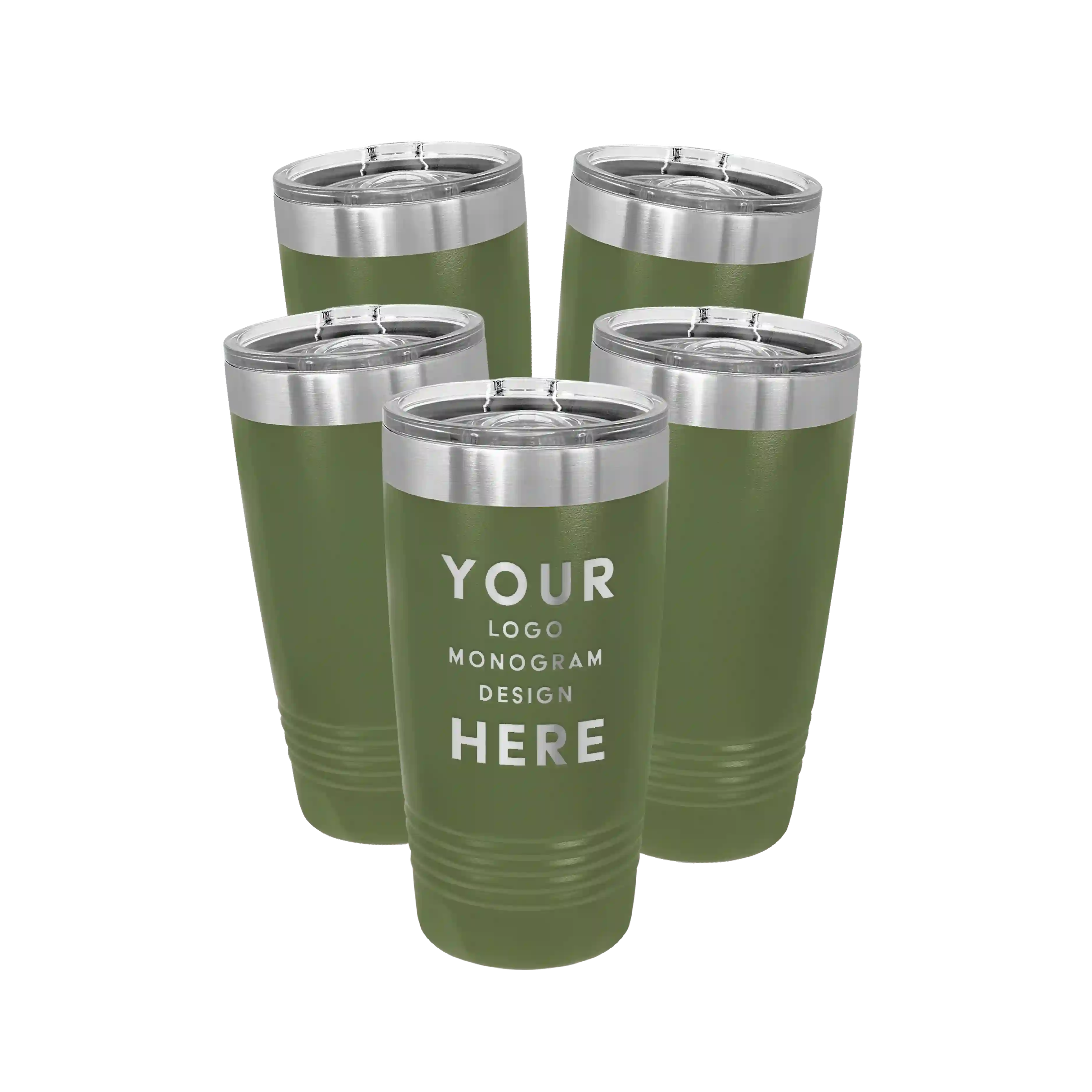 Personalized olive green Polar Camel 20 oz vacuum insulated tumbler bundle pack with custom laser engraved logo, monogram, or design, includes sliding lid