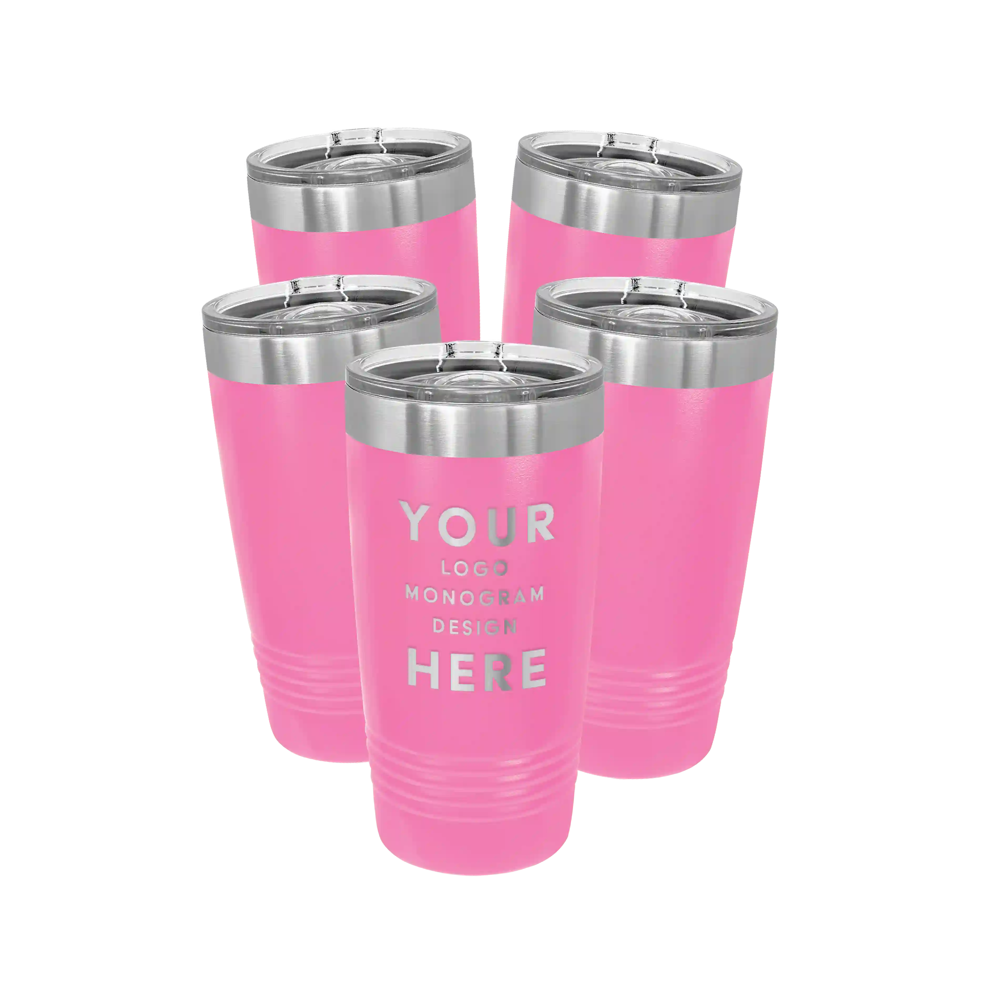 Personalized pink Polar Camel 20 oz vacuum insulated tumbler bundle pack with custom laser engraved logo, monogram, or design, includes sliding lid