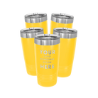 Personalized yellow Polar Camel 20 oz vacuum insulated tumbler bundle pack with custom laser engraved logo, monogram, or design, includes sliding lid