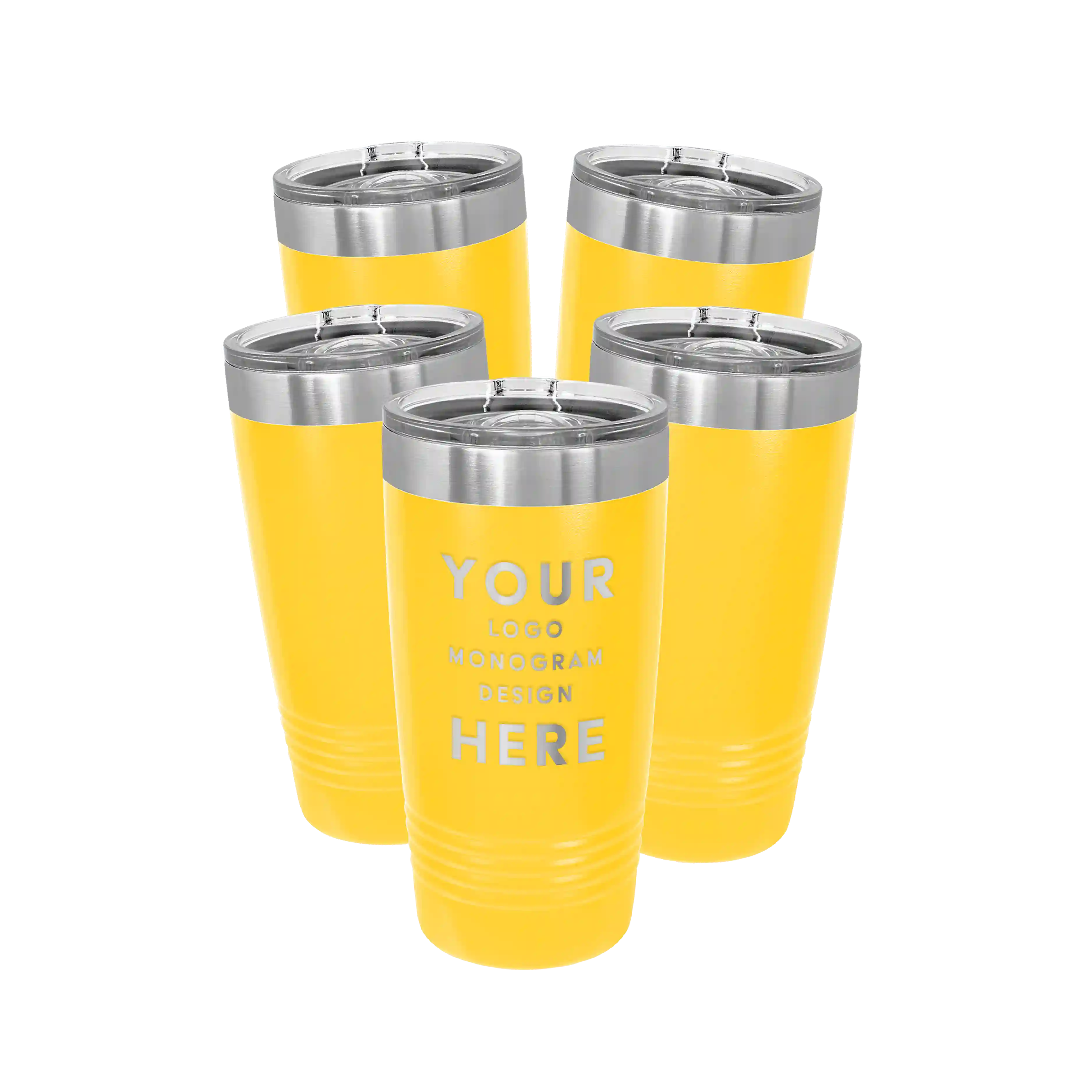 Personalized yellow Polar Camel 20 oz vacuum insulated tumbler bundle pack with custom laser engraved logo, monogram, or design, includes sliding lid