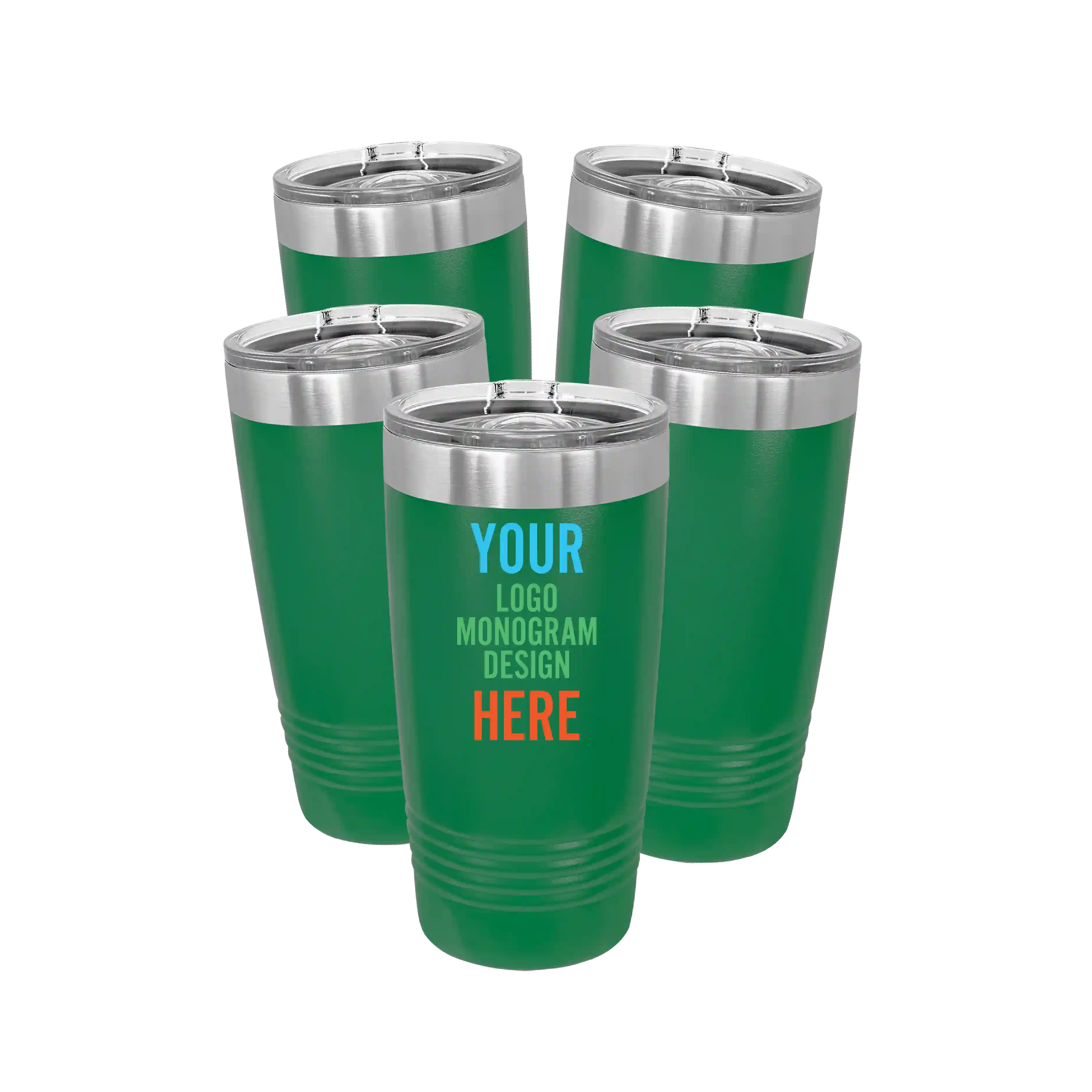 Personalized green Polar Camel 20 oz vacuum insulated tumbler bundle pack with custom full color printed logo, monogram, or design, includes sliding lid