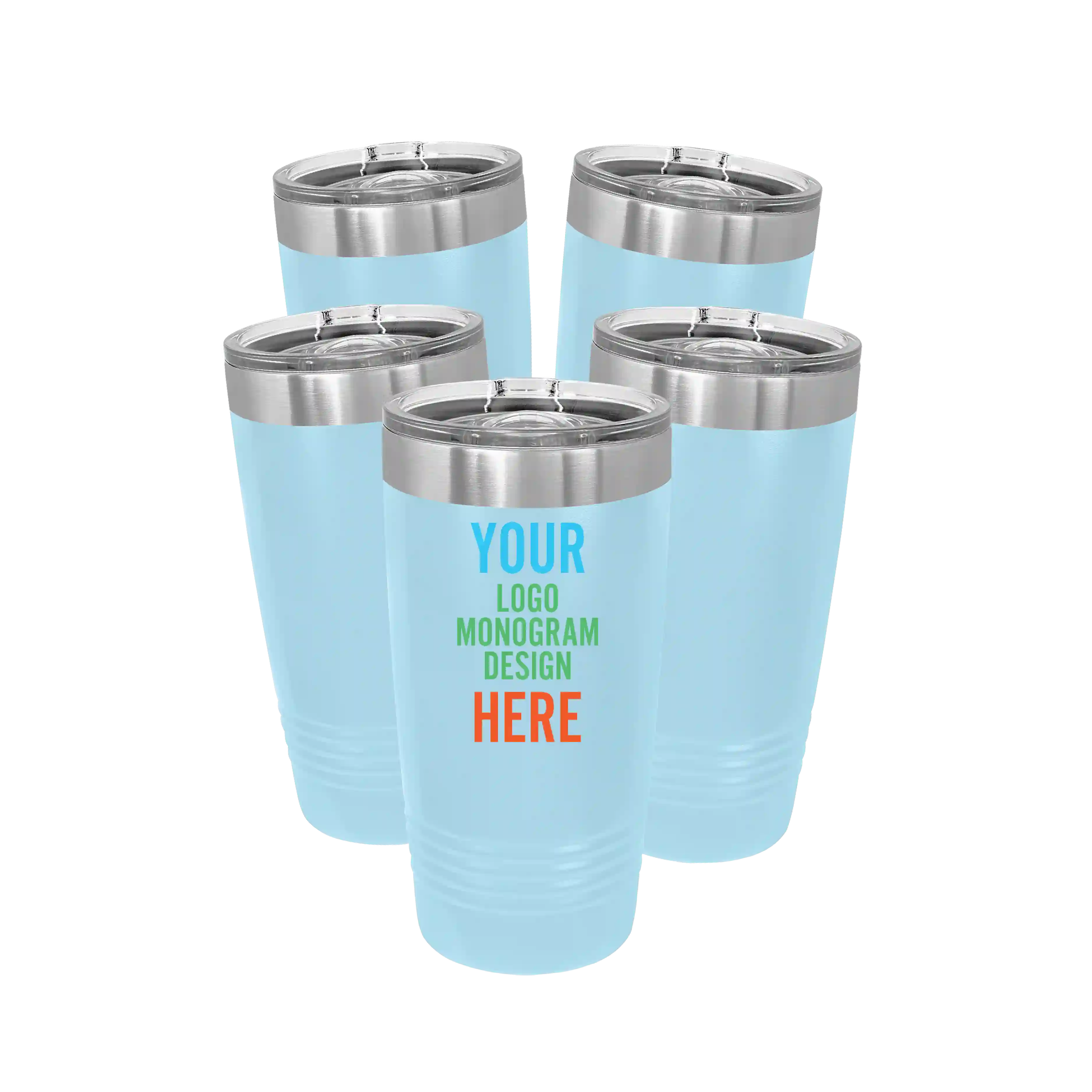 Personalized light blue Polar Camel 20 oz vacuum insulated tumbler bundle pack with custom full color printed logo, monogram, or design, includes sliding lid