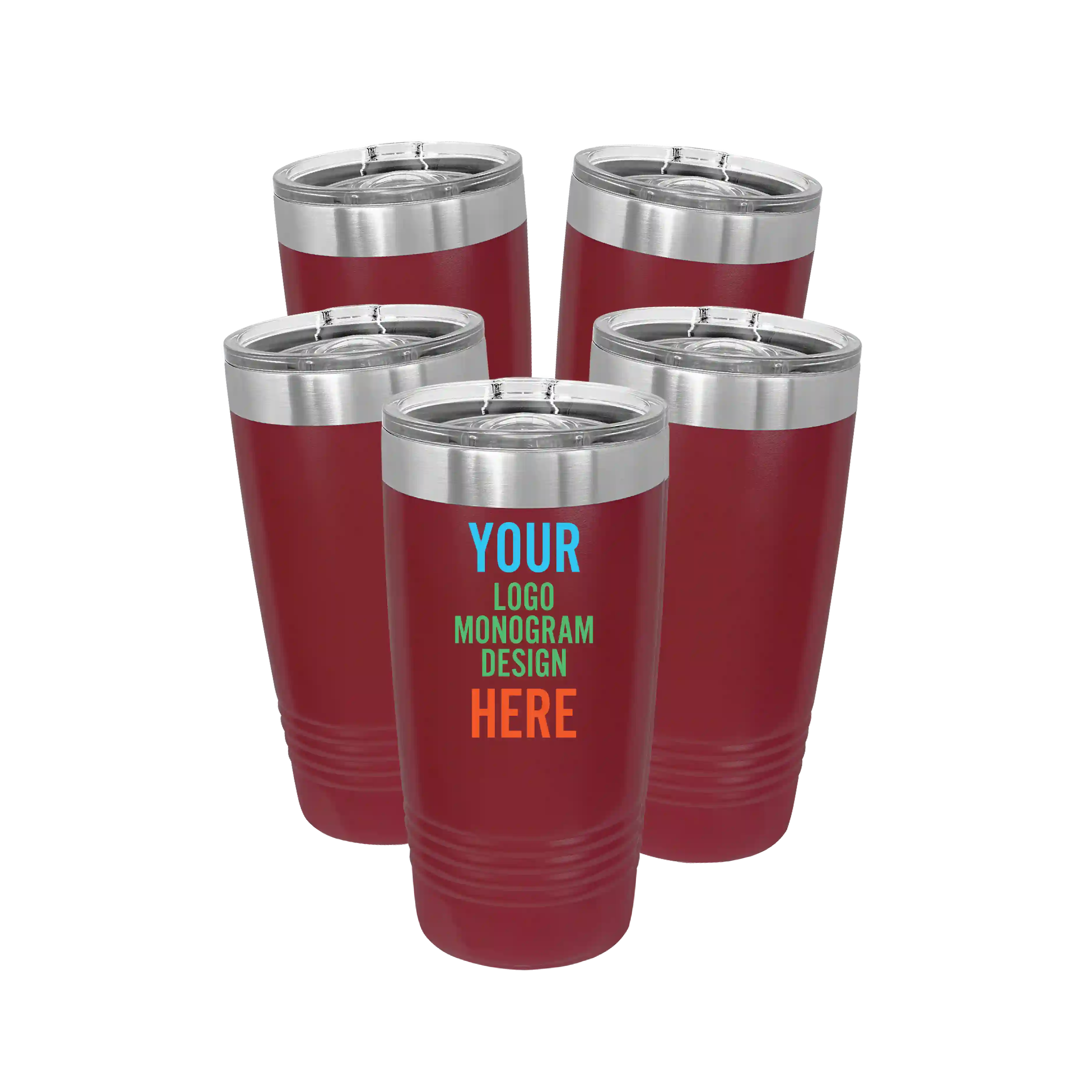 Personalized maroon Polar Camel 20 oz vacuum insulated tumbler bundle pack with custom full color printed logo, monogram, or design, includes sliding lid