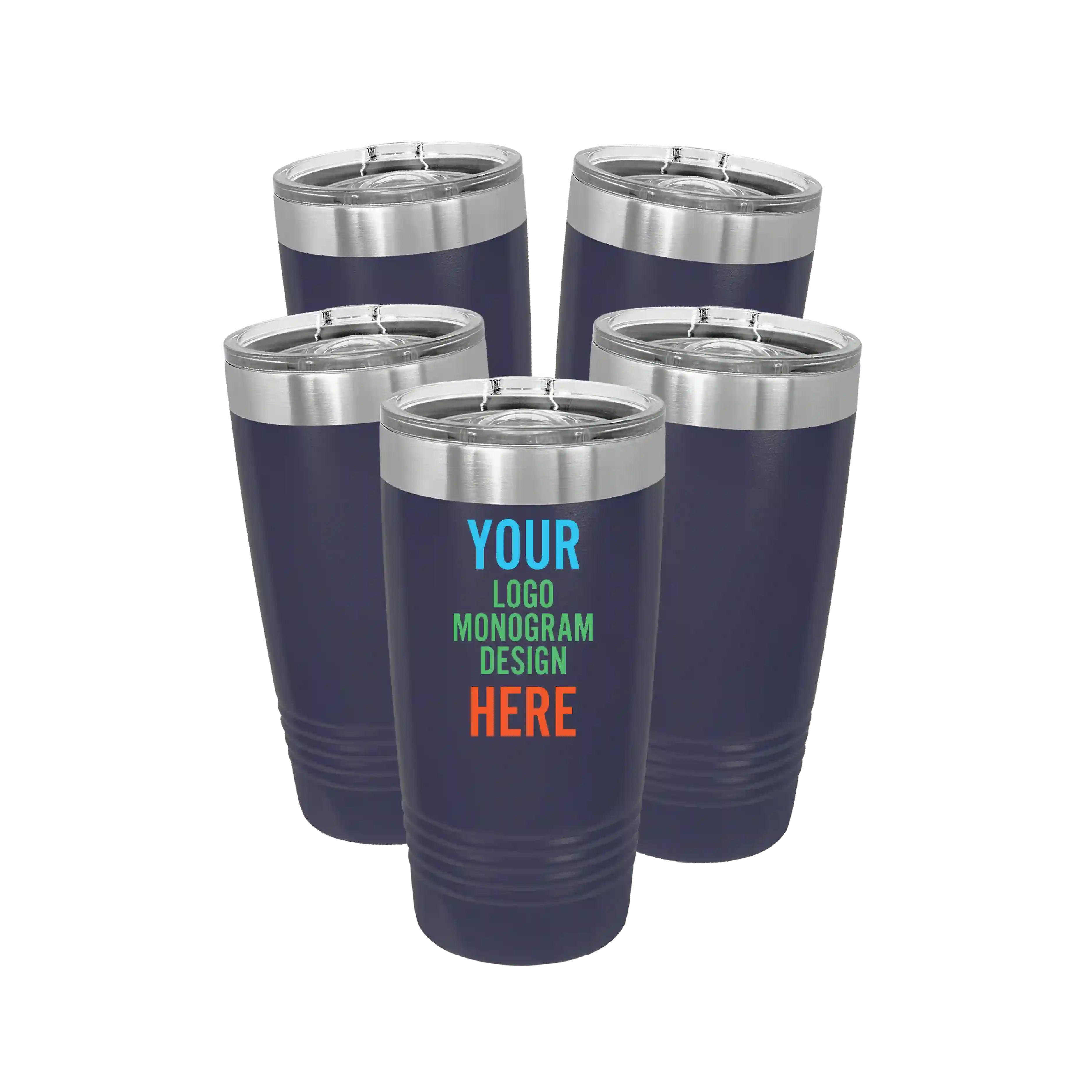 Personalized navy Polar Camel 20 oz vacuum insulated tumbler bundle pack with custom full color printed logo, monogram, or design, includes sliding lid