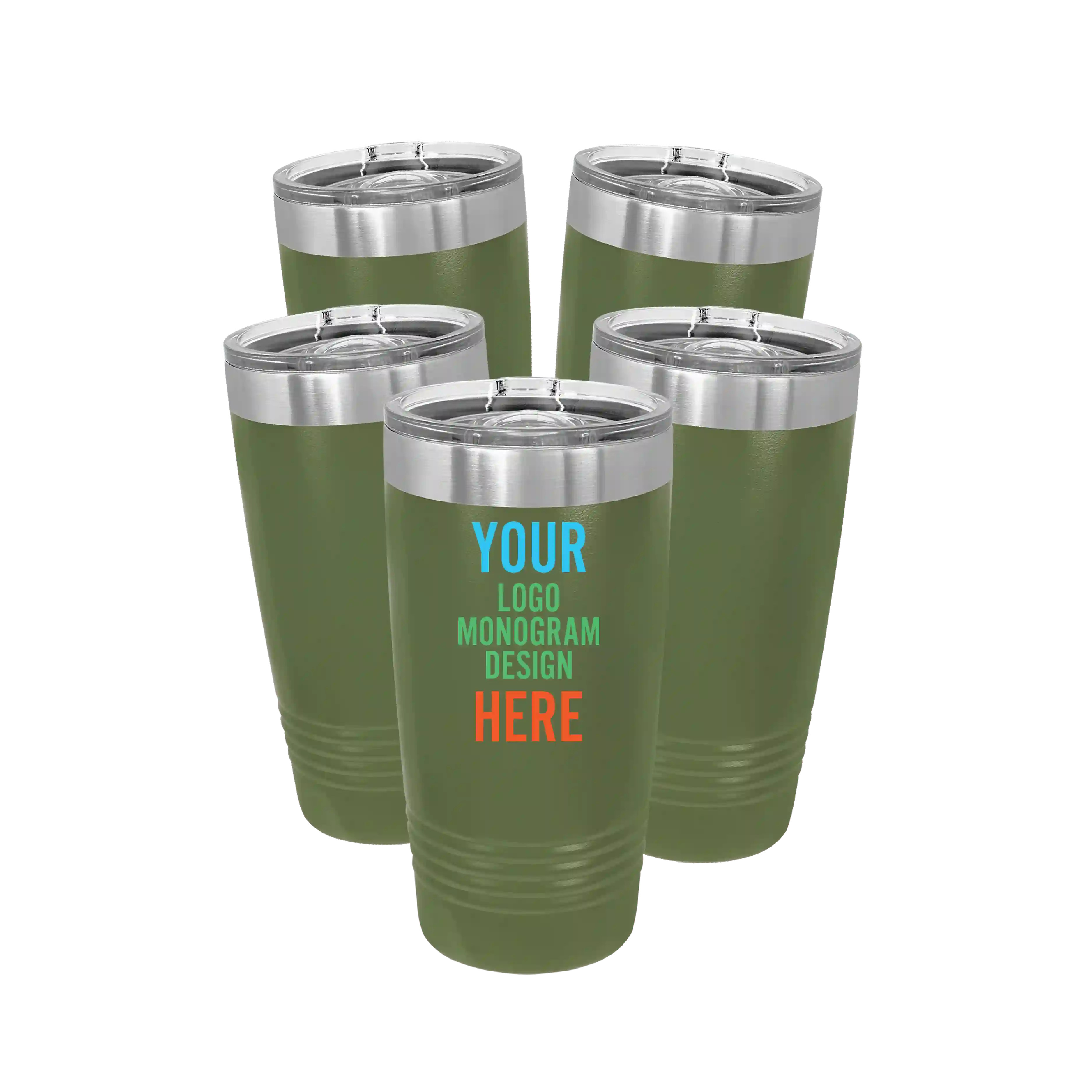 Personalized olive green Polar Camel 20 oz vacuum insulated tumbler bundle pack with custom full color printed logo, monogram, or design, includes sliding lid