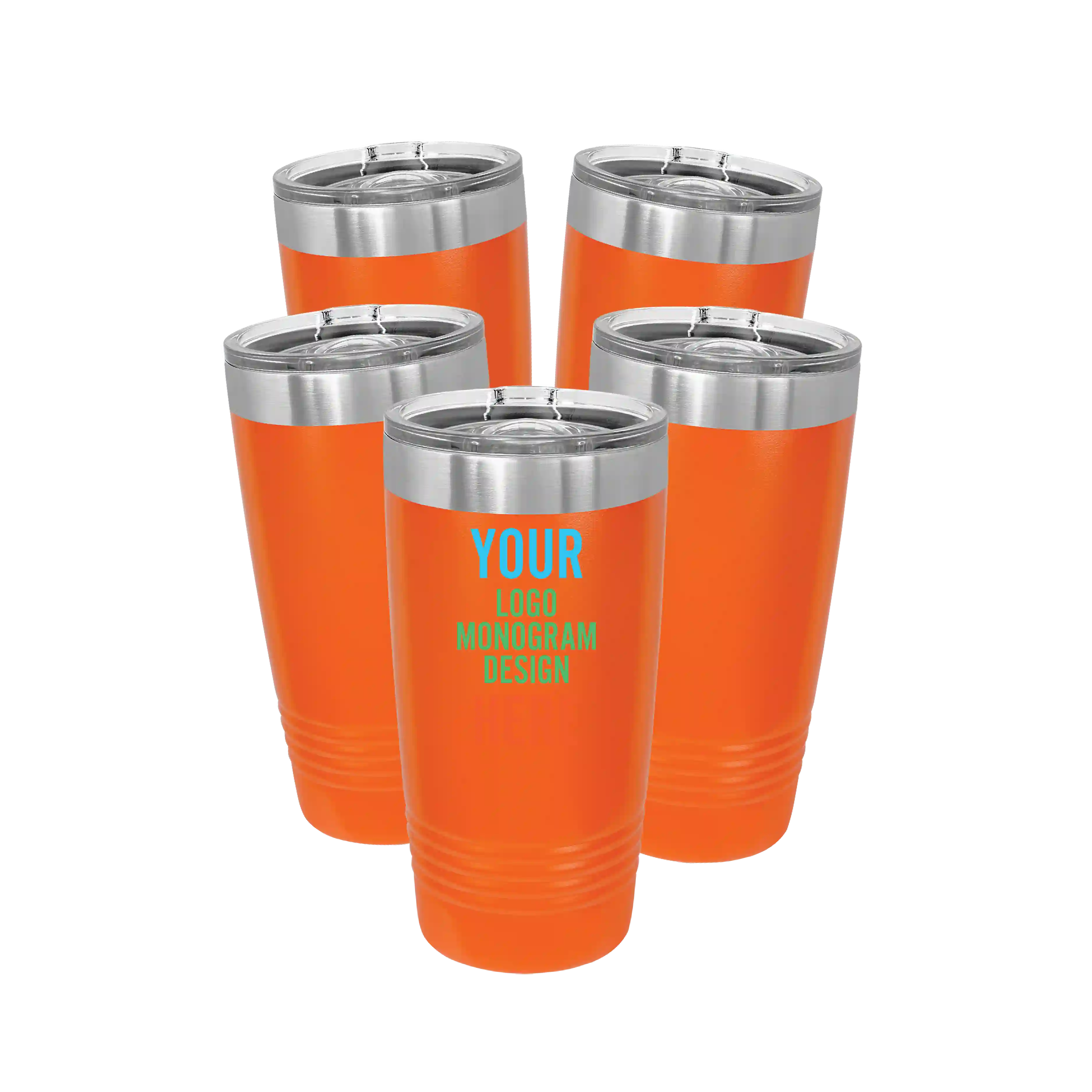 Personalized orange Polar Camel 20 oz vacuum insulated tumbler bundle pack with custom full color printed logo, monogram, or design, includes sliding lid