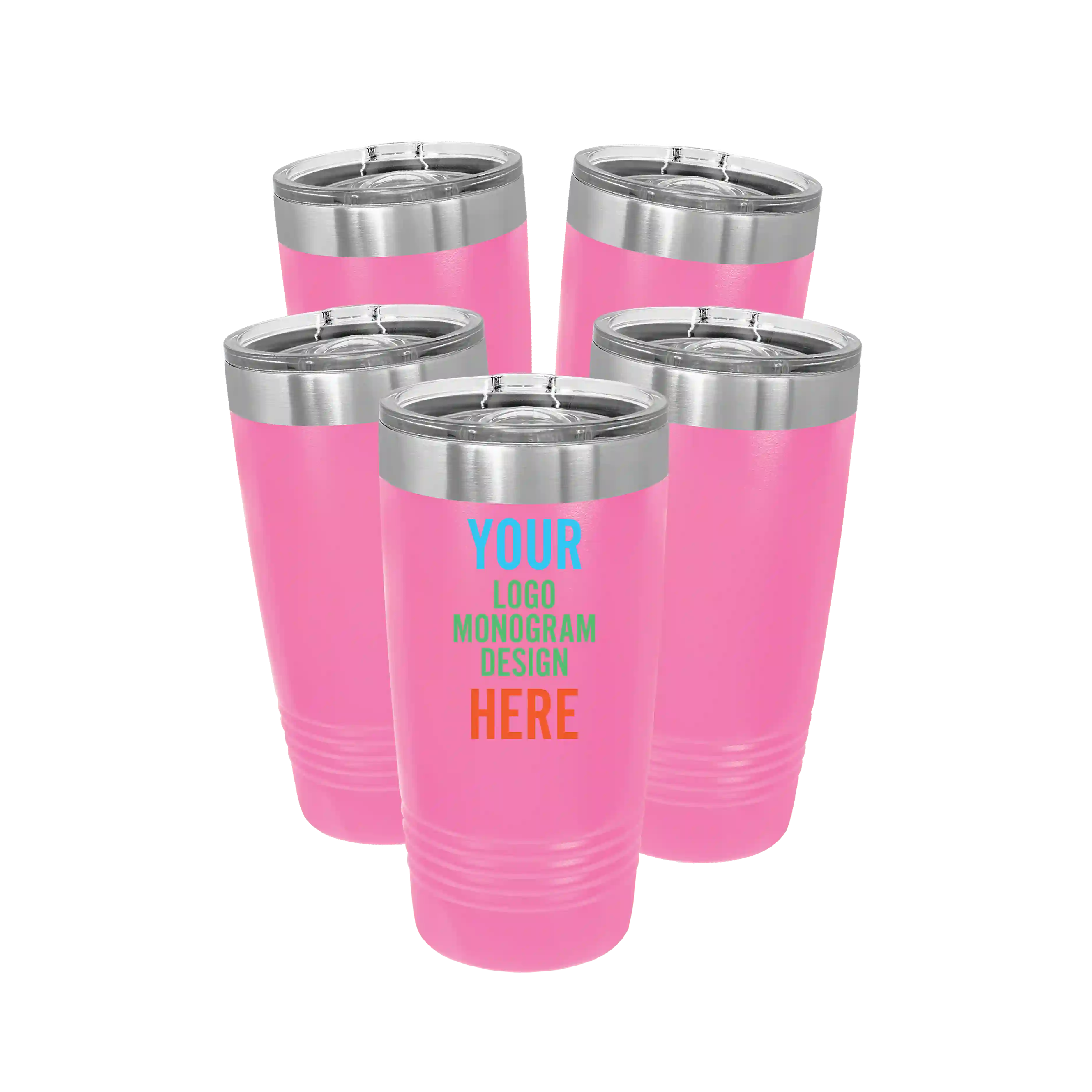 Personalized pink Polar Camel 20 oz vacuum insulated tumbler bundle pack with custom full color printed logo, monogram, or design, includes sliding lid