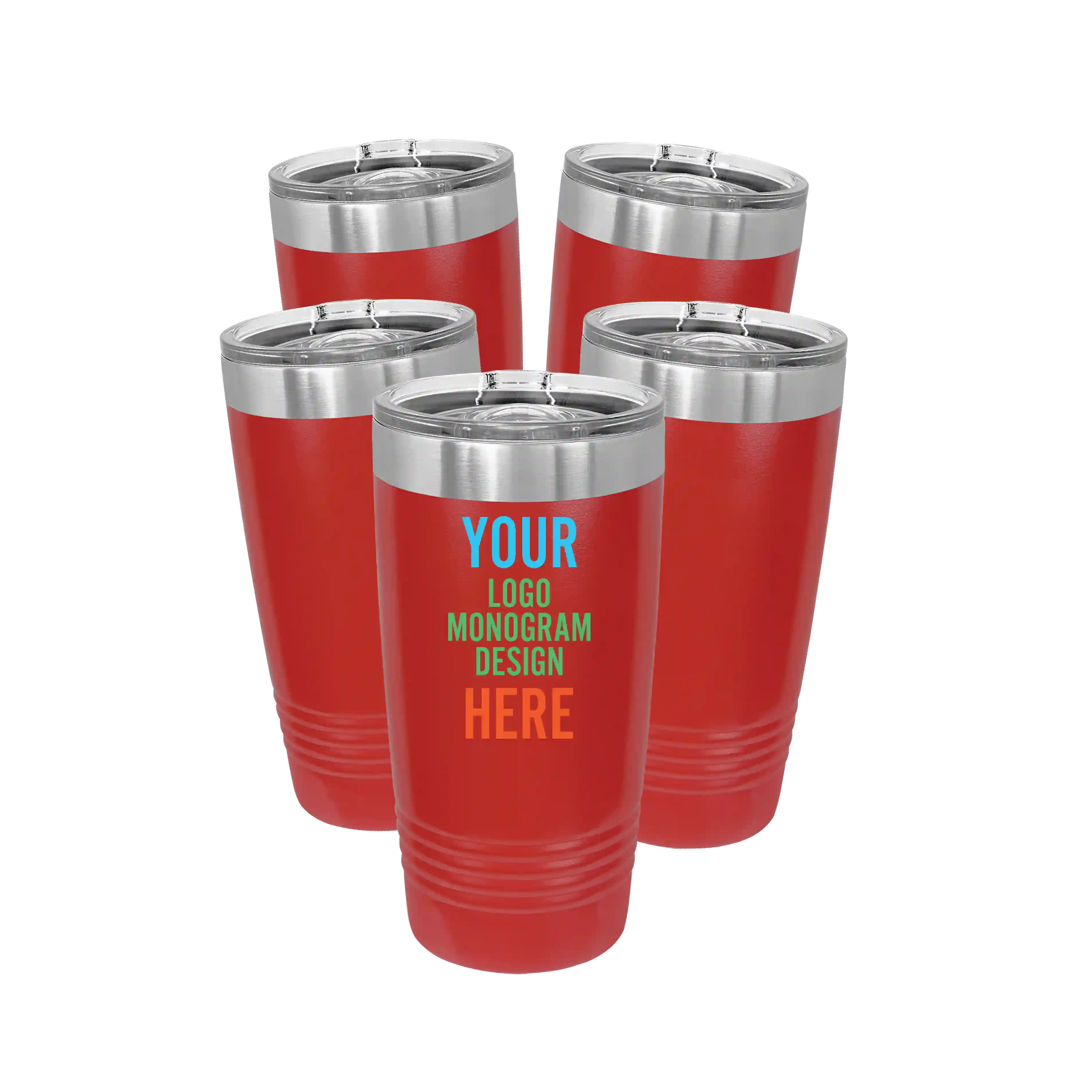 Personalized red Polar Camel 20 oz vacuum insulated tumbler bundle pack with custom full color printed logo, monogram, or design, includes sliding lid