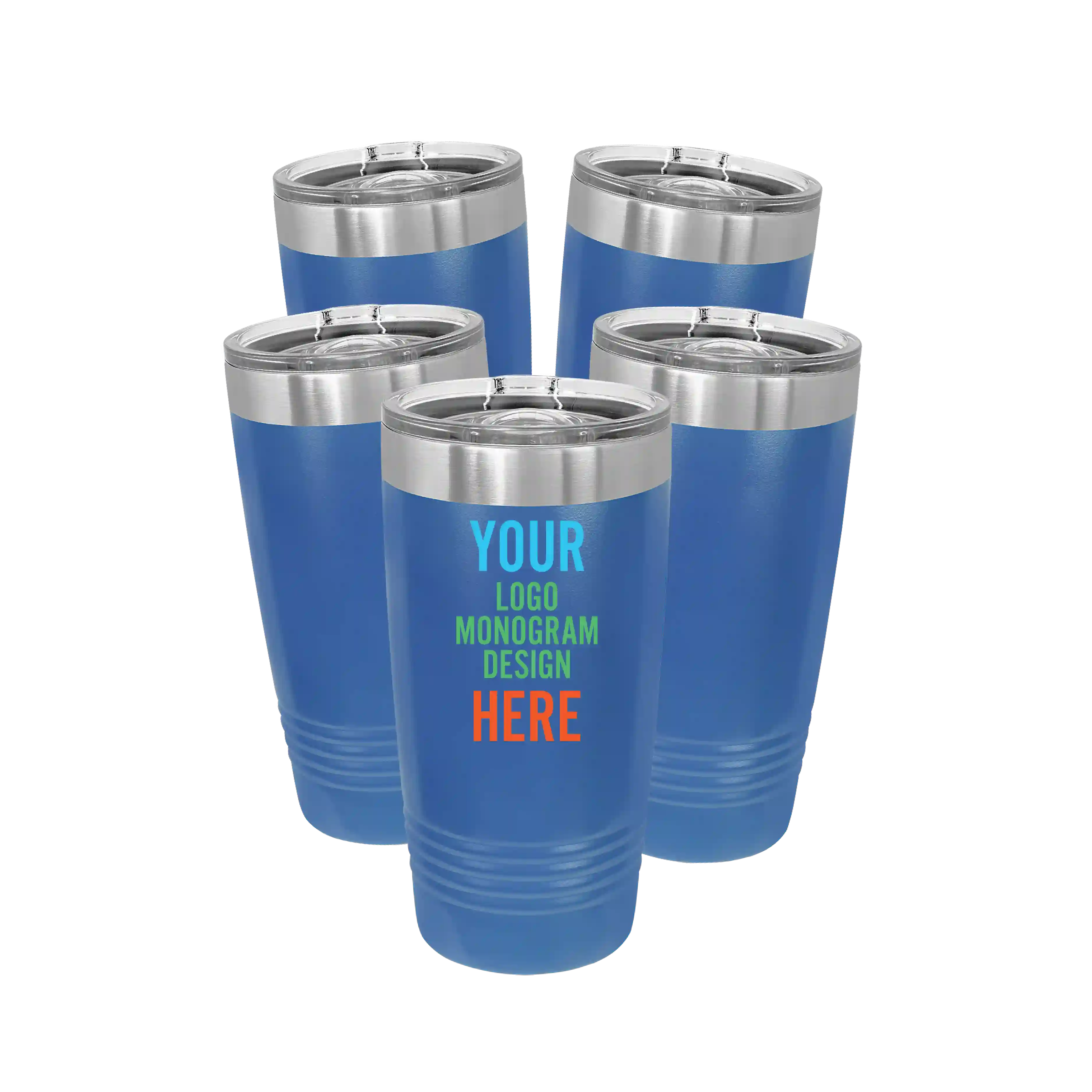 Personalized royal blue Polar Camel 20 oz vacuum insulated tumbler bundle pack with custom full color printed logo, monogram, or design, includes sliding lid