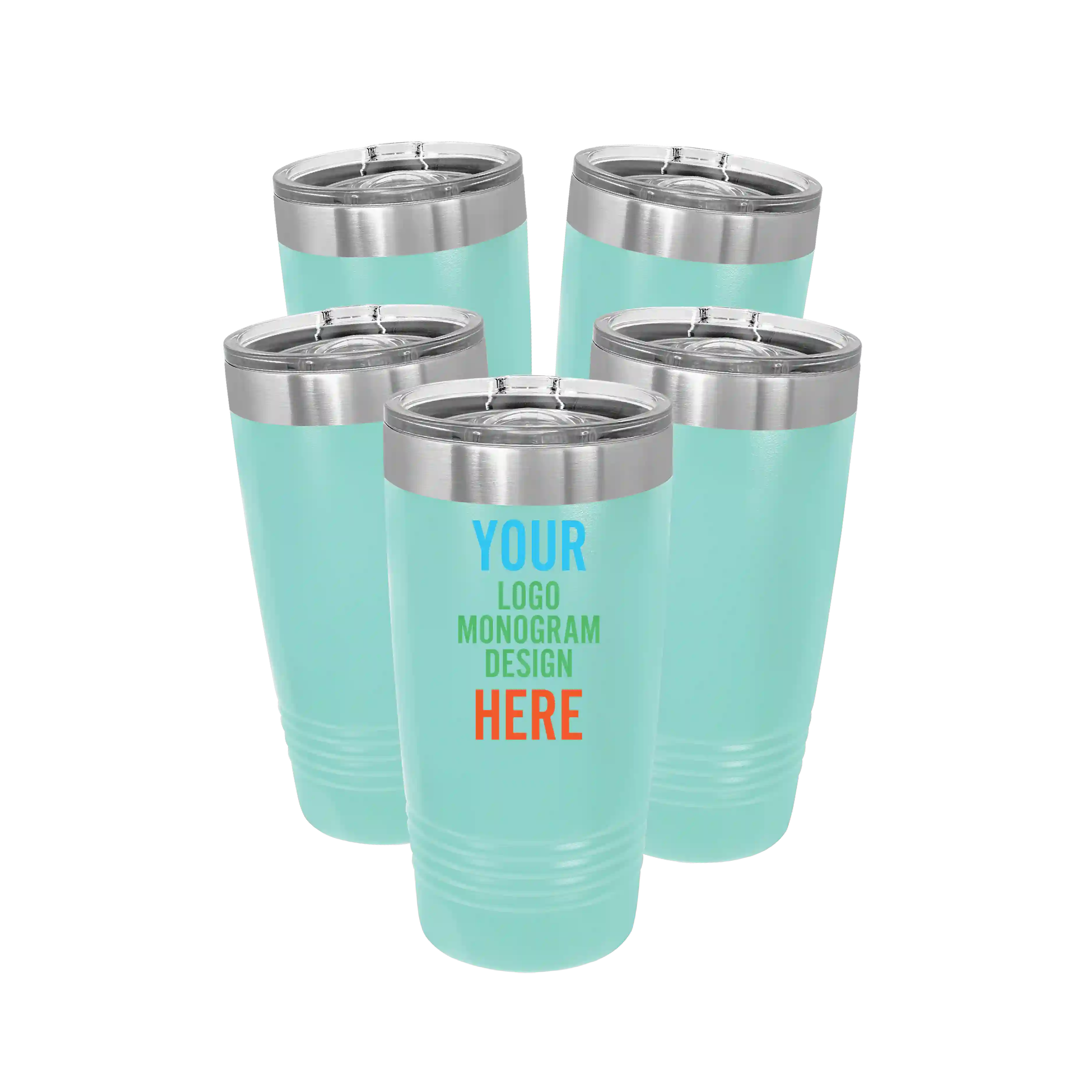 Personalized teal Polar Camel 20 oz vacuum insulated tumbler bundle pack with custom full color printed logo, monogram, or design, includes sliding lid