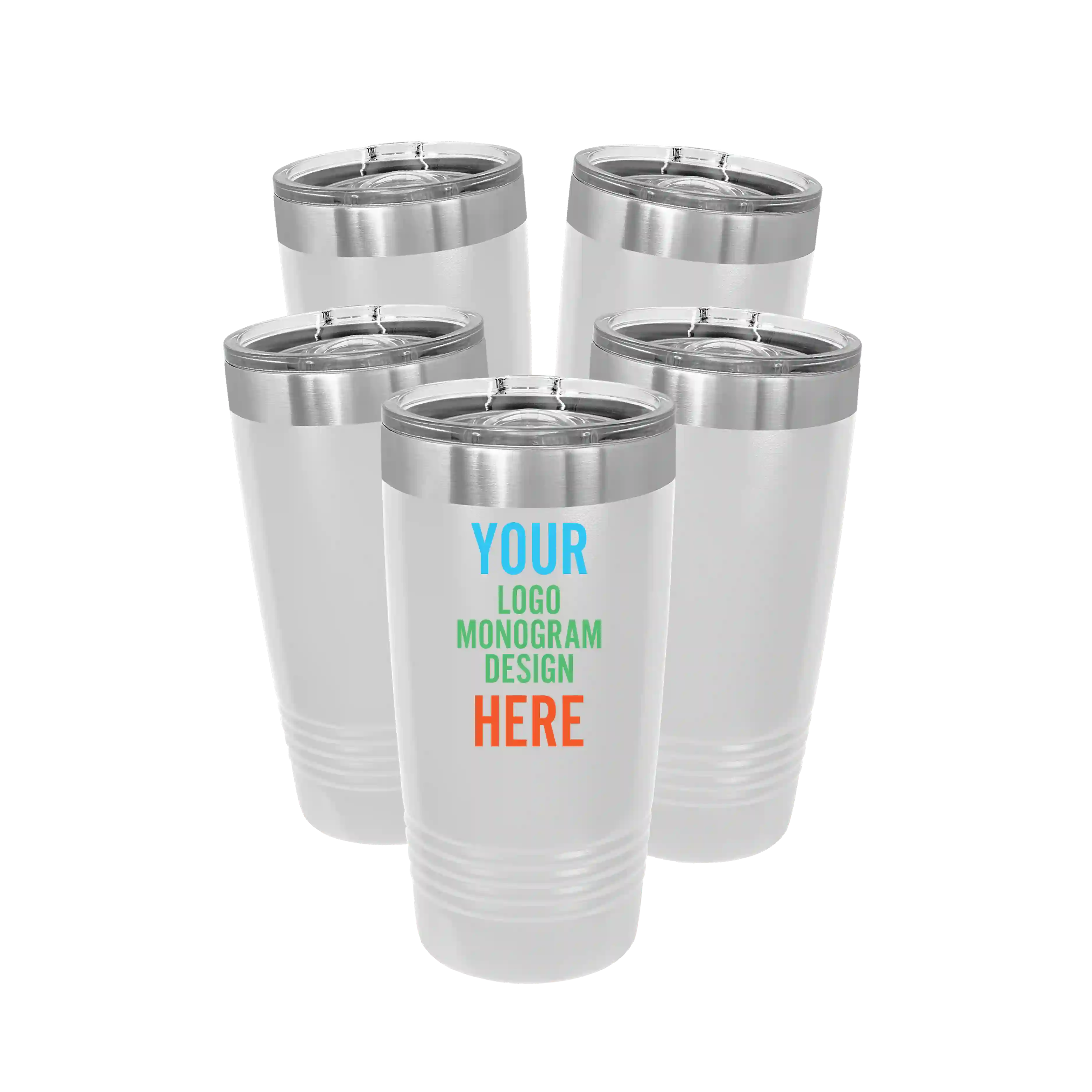 Personalized white Polar Camel 20 oz vacuum insulated tumbler bundle pack with custom full color printed logo, monogram, or design, includes sliding lid