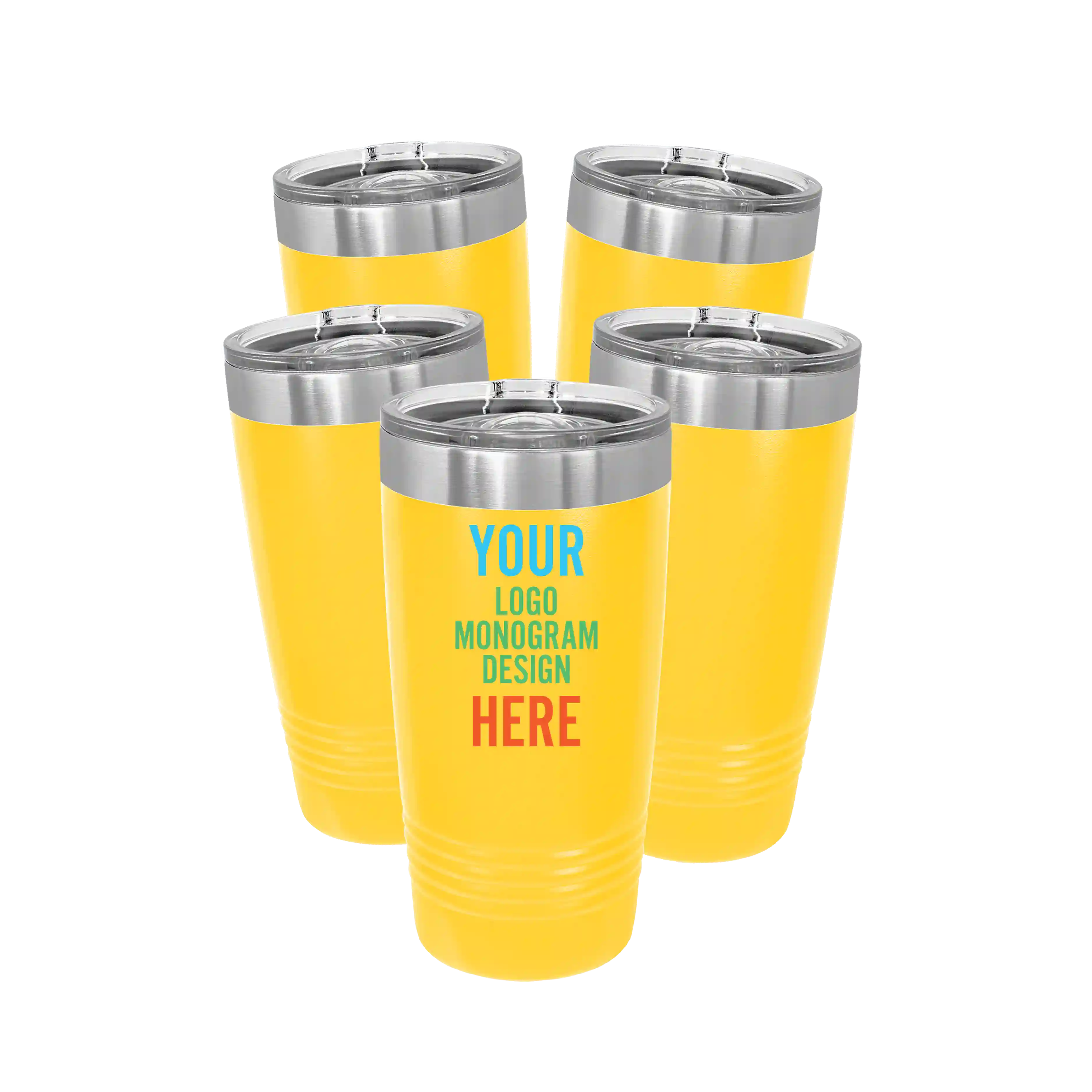 Personalized yellow Polar Camel 20 oz vacuum insulated tumbler bundle pack with custom full color printed logo, monogram, or design, includes sliding lid