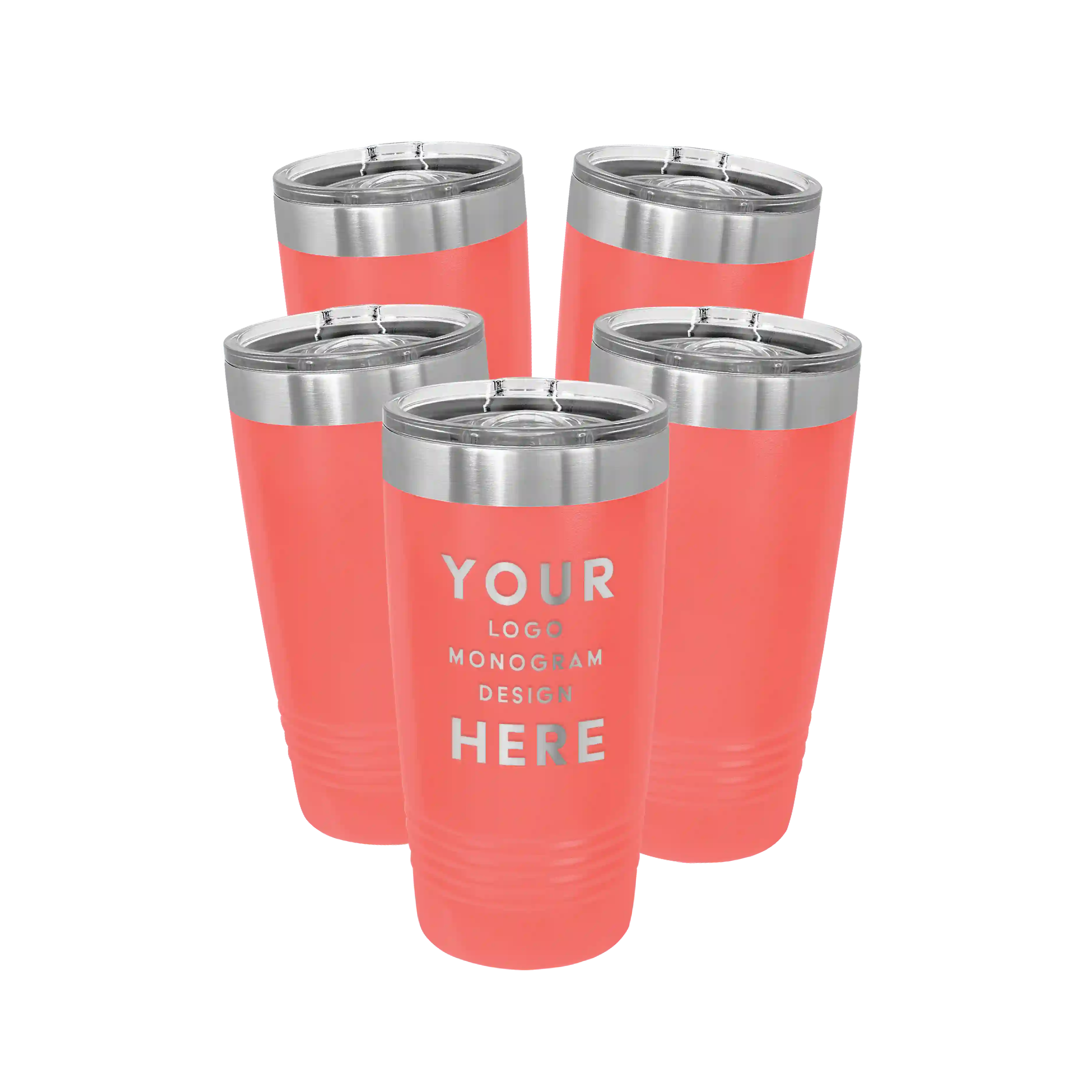 Personalized coral Polar Camel 20 oz vacuum insulated tumbler bundle pack with custom laser engraved logo, monogram, or design, includes sliding lid