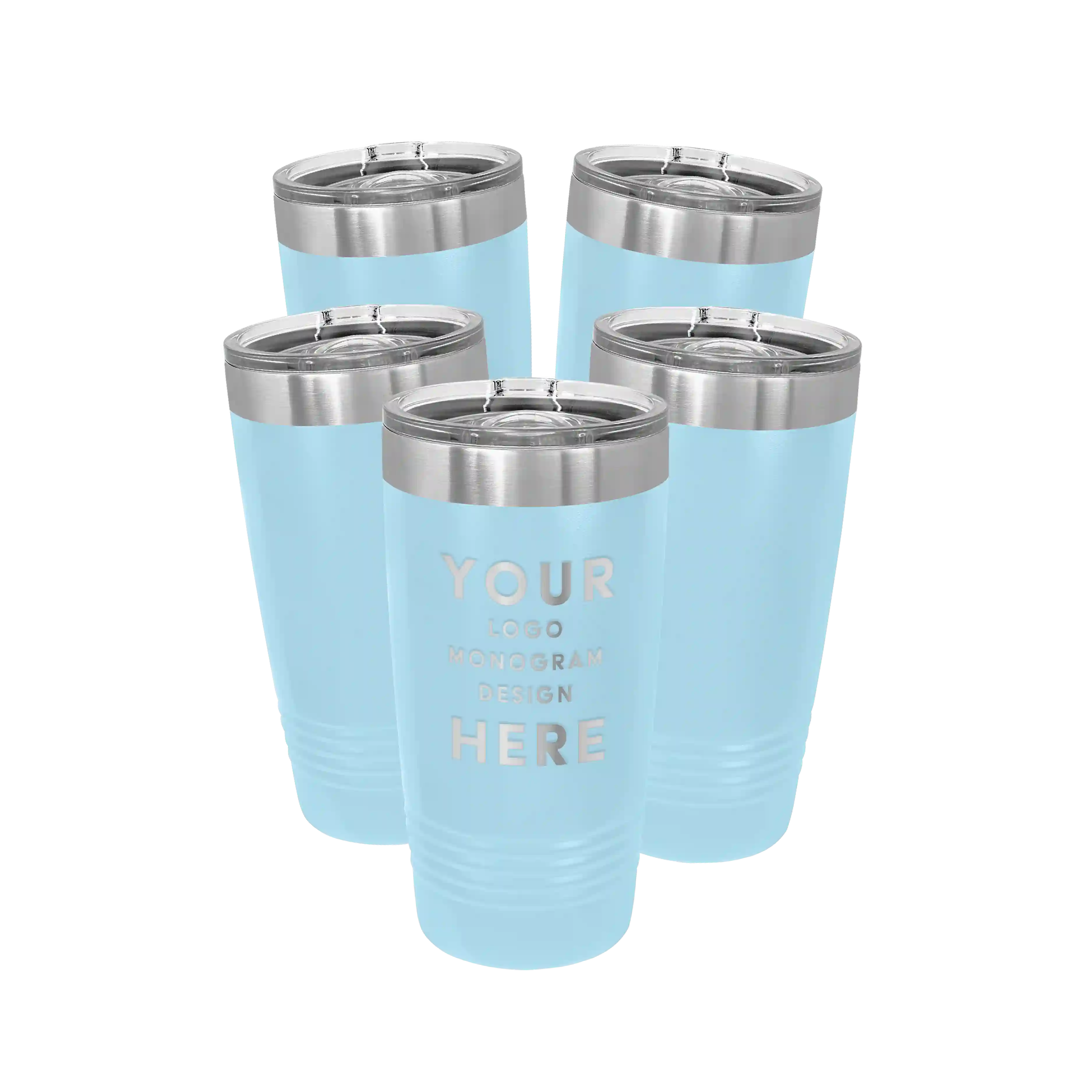 Personalized light blue Polar Camel 20 oz vacuum insulated tumbler bundle pack with custom laser engraved logo, monogram, or design, includes sliding lid