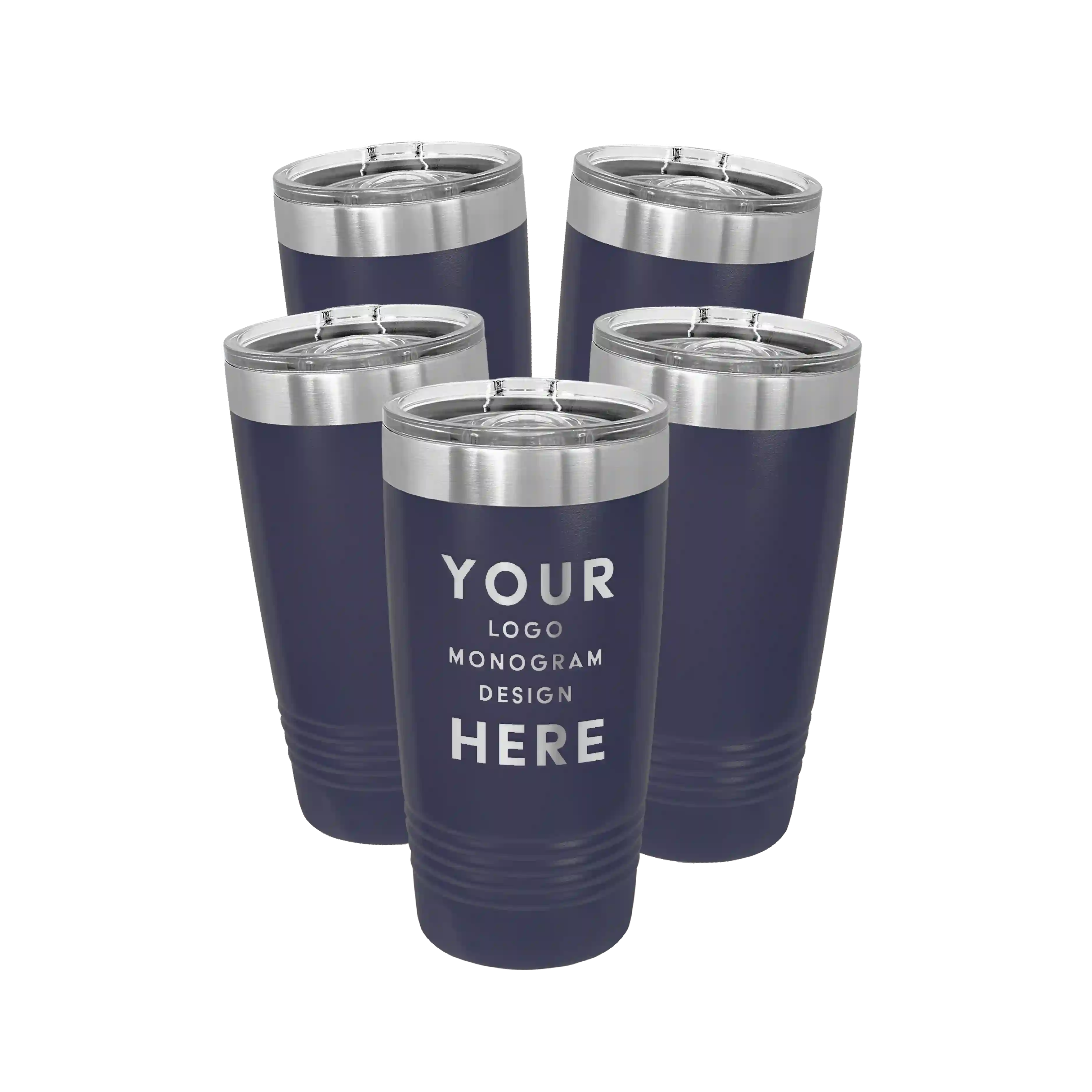 Personalized navy Polar Camel 20 oz vacuum insulated tumbler bundle pack with custom laser engraved logo, monogram, or design, includes sliding lid