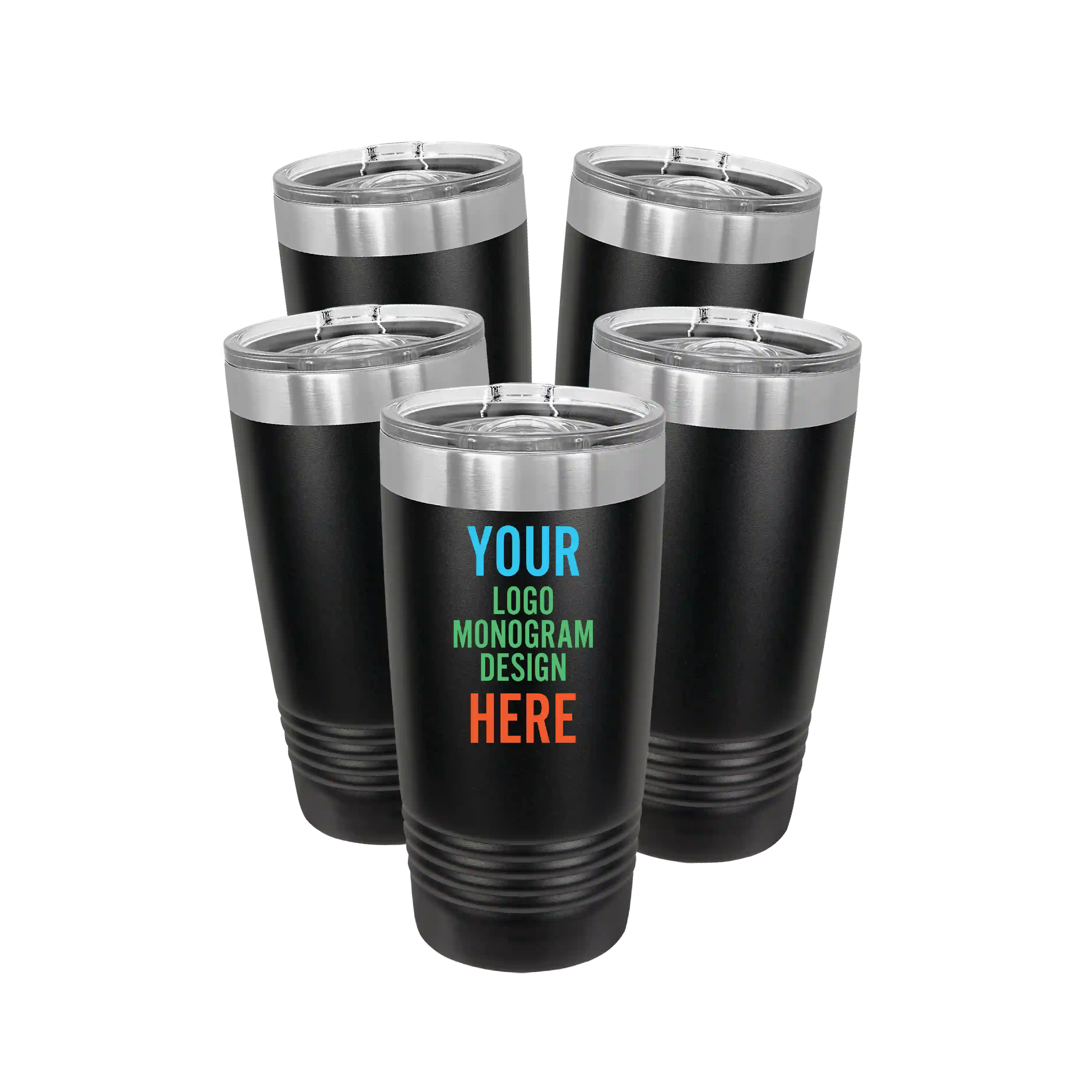 Personalized black Polar Camel 20 oz vacuum insulated tumbler bundle pack with custom full color printed logo, monogram, or design, includes sliding lid