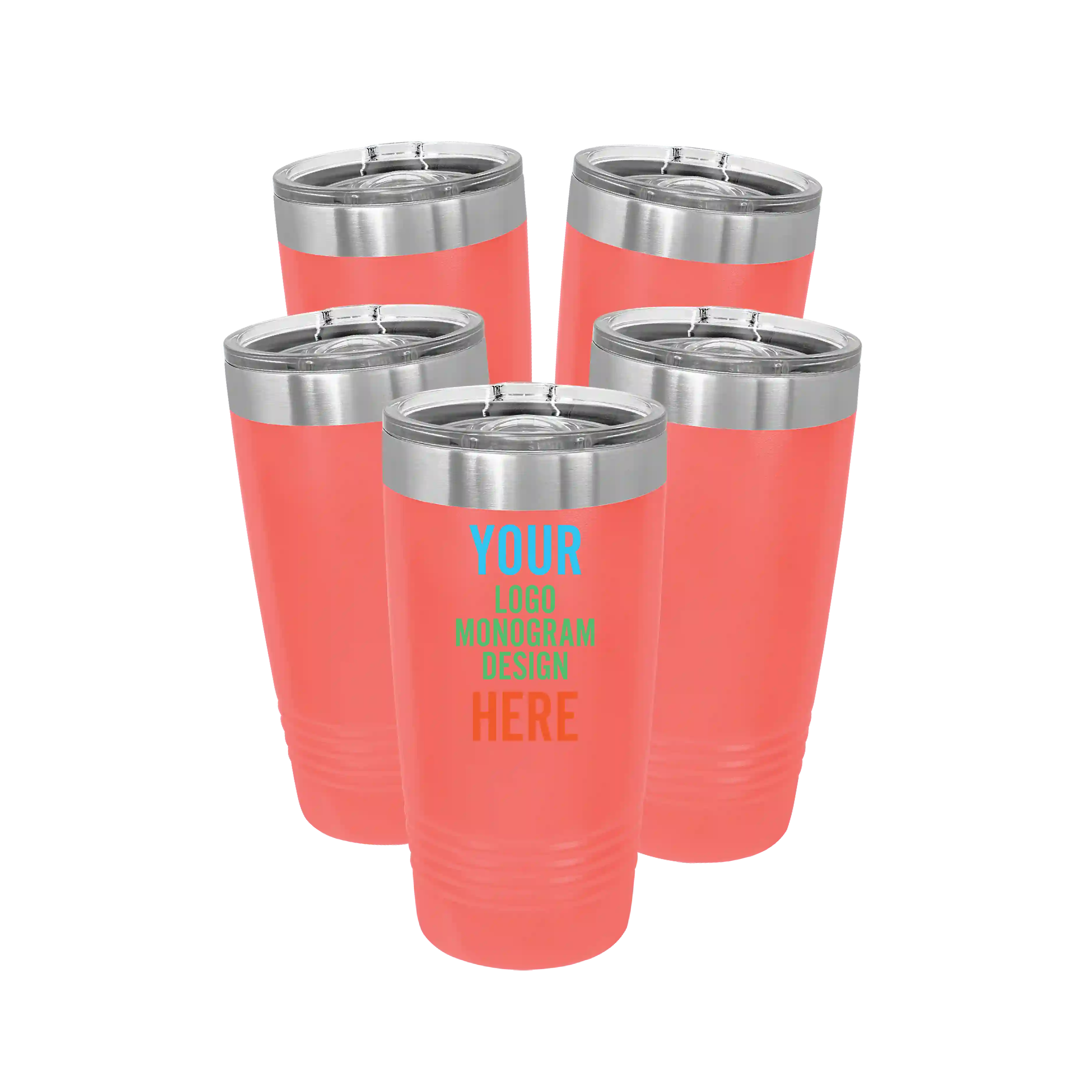 Personalized coral Polar Camel 20 oz vacuum insulated tumbler bundle pack with custom full color printed logo, monogram, or design, includes sliding lid