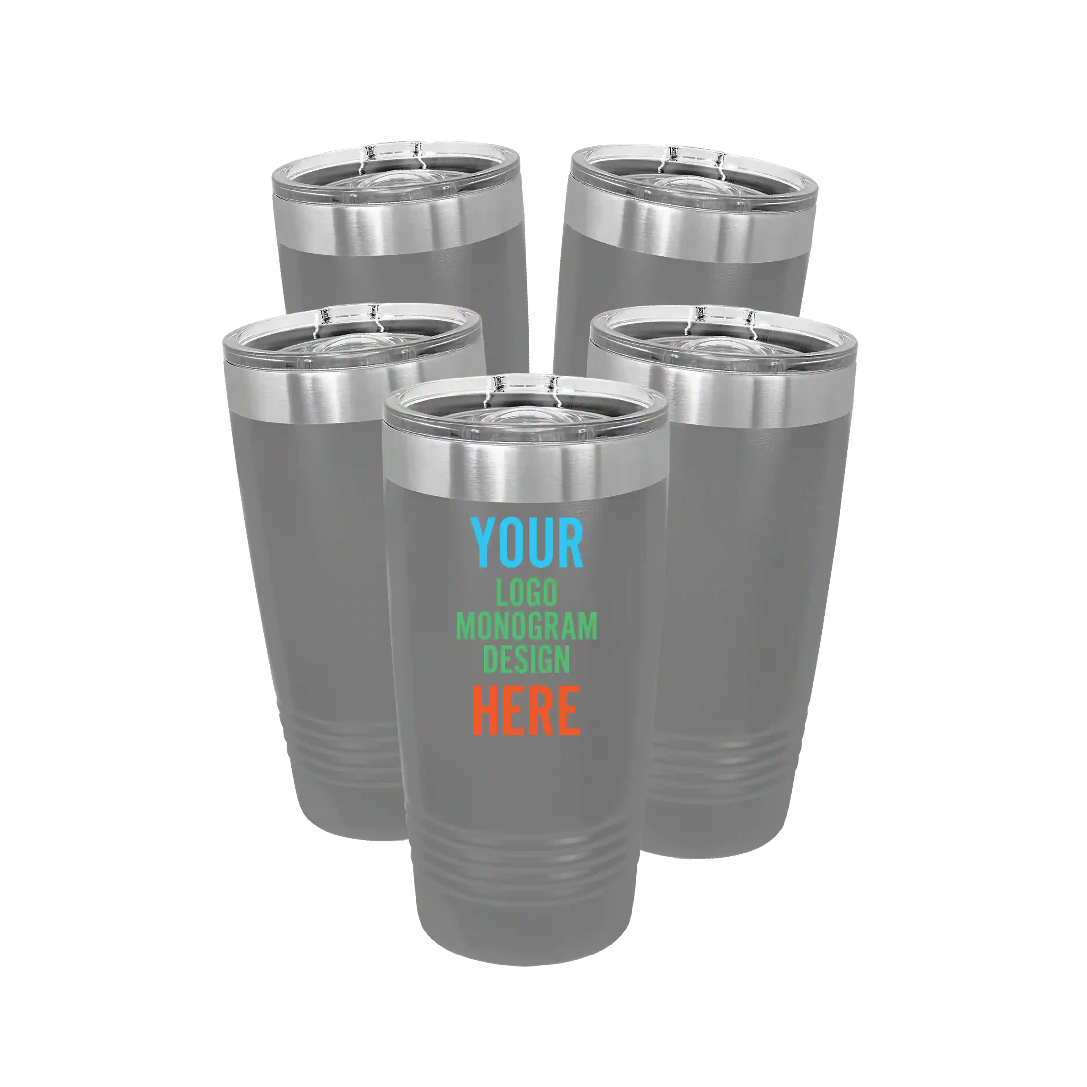 Personalized dark gray Polar Camel 20 oz vacuum insulated tumbler bundle pack with custom full color printed logo, monogram, or design, includes sliding lid